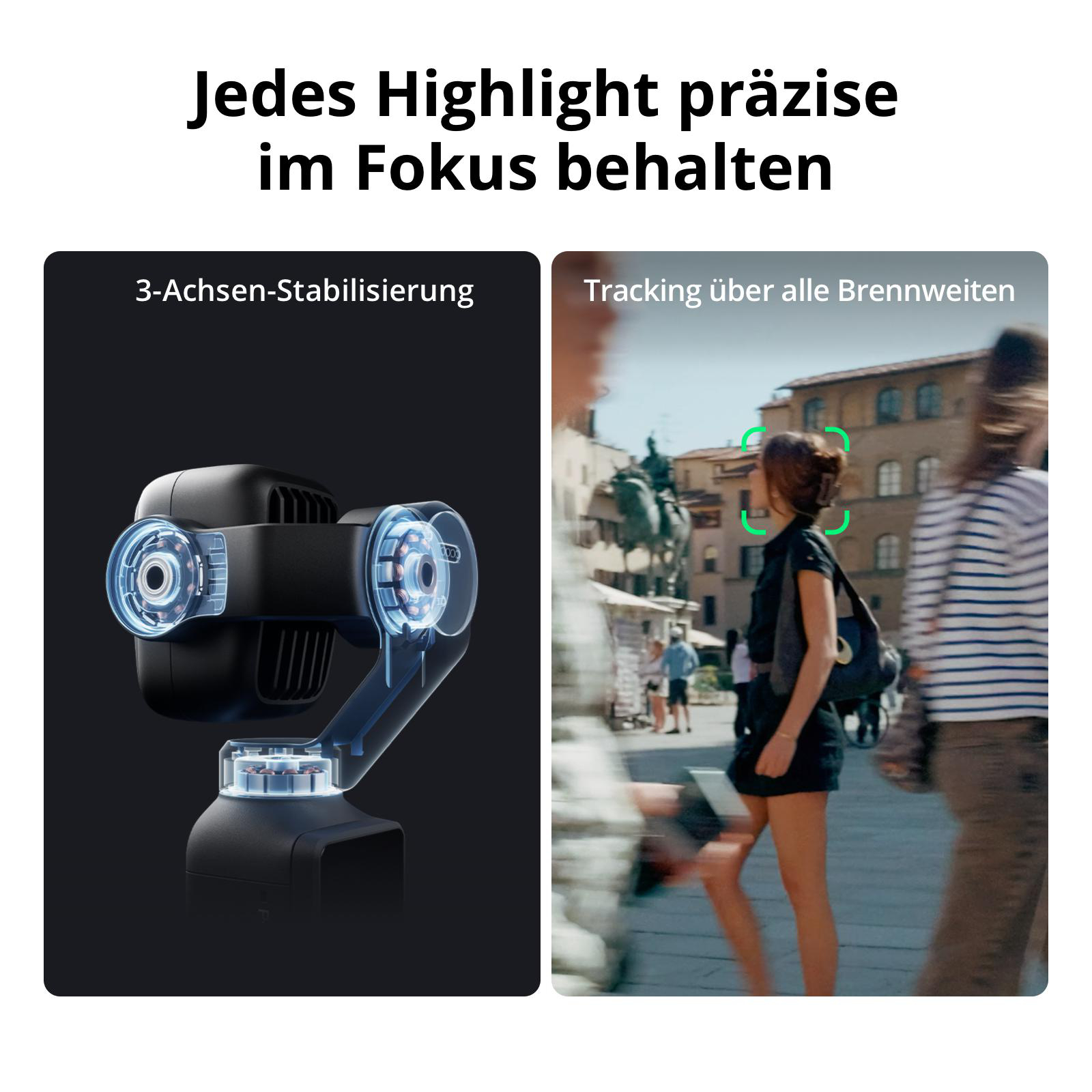 Infografik zeigt 3-Achsen-Stabilisierung eines Gimbal links und Gesichtserkennung in einer Menschenmenge rechts.