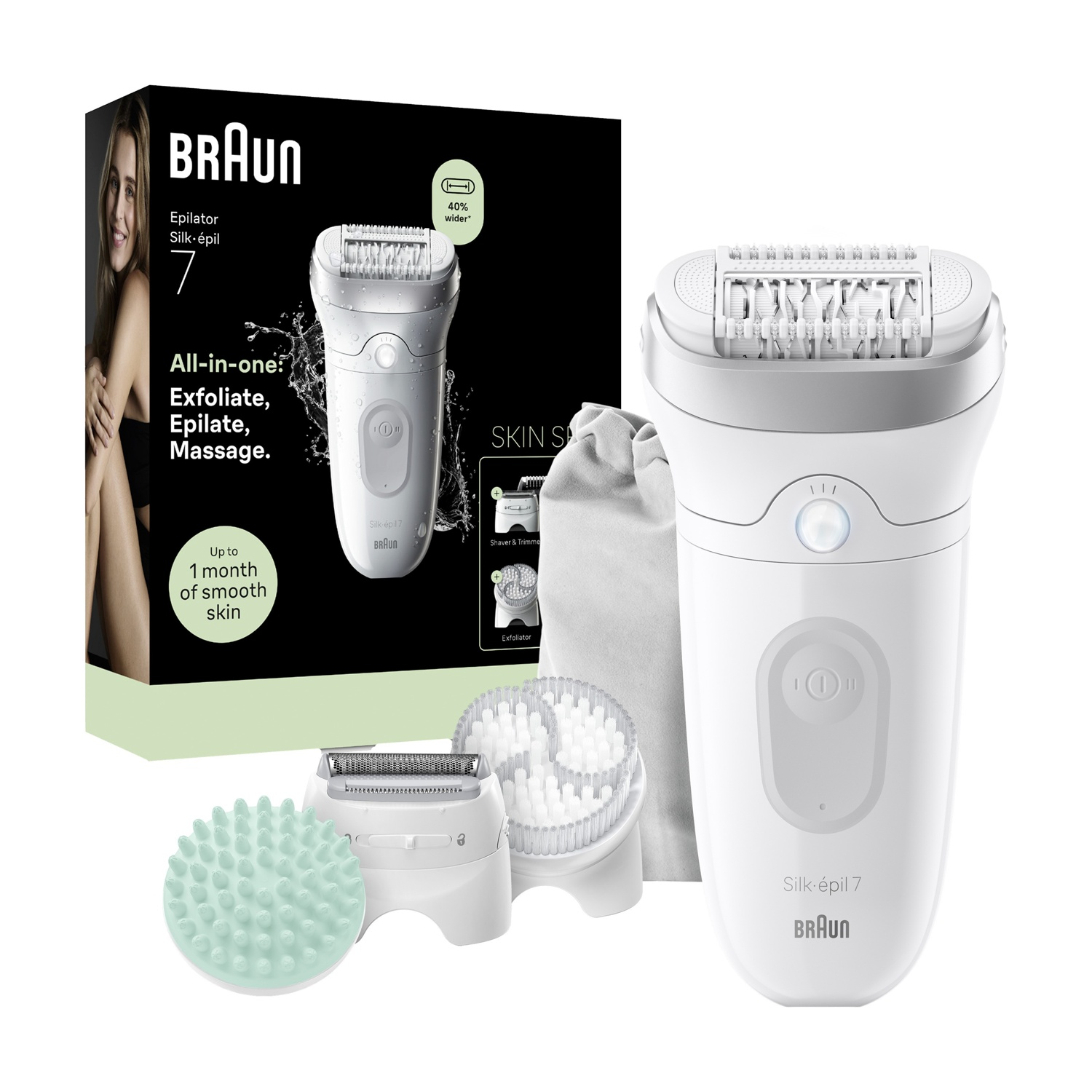 Epilatore bianco Braun Silk-épil 7 con accessori e confezione nera.