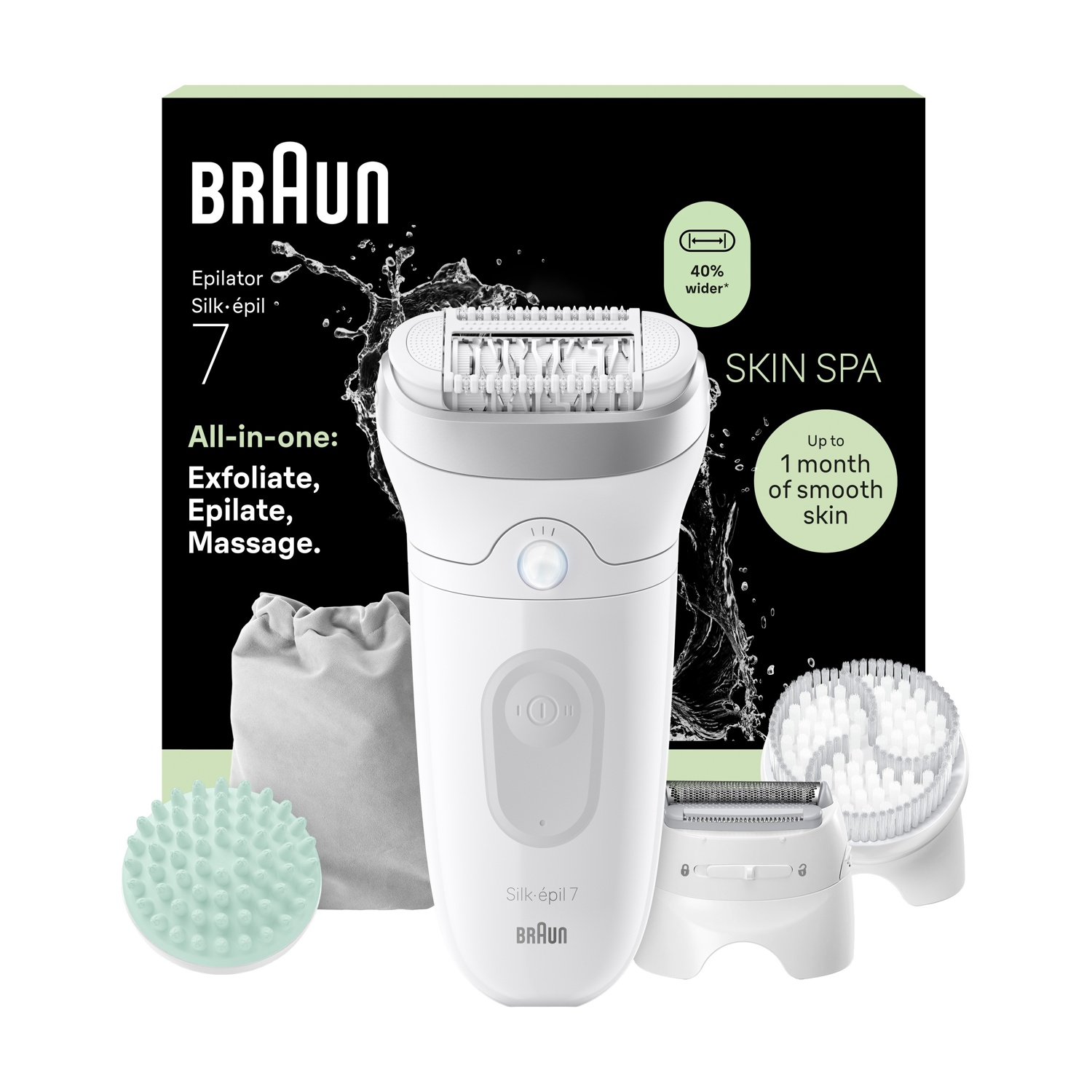 Epilatore Braun Silk-épil 7 con accessori davanti a uno sfondo nero.