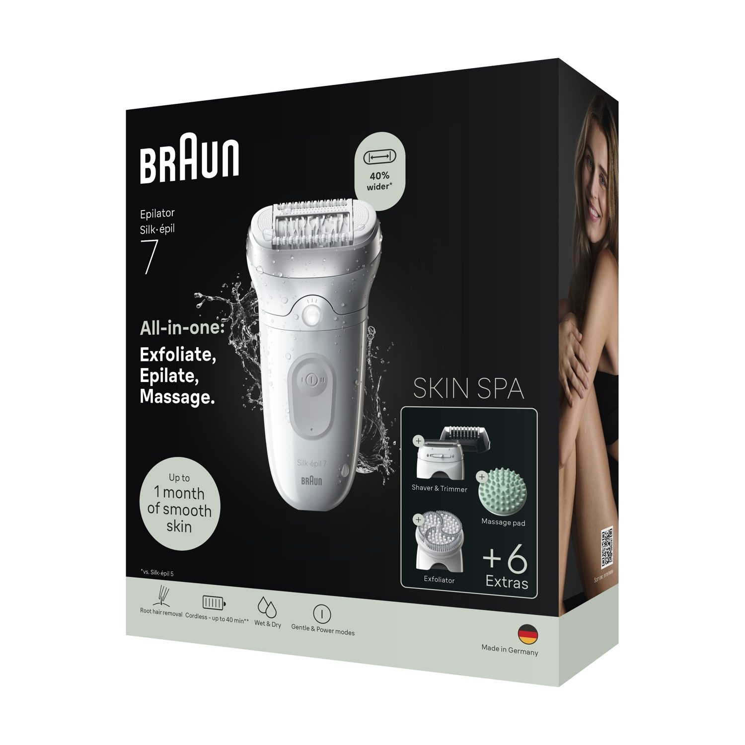 Scatola nera epilatore Braun Silk-épil 7 con prodotto, accessori e una donna sorridente.