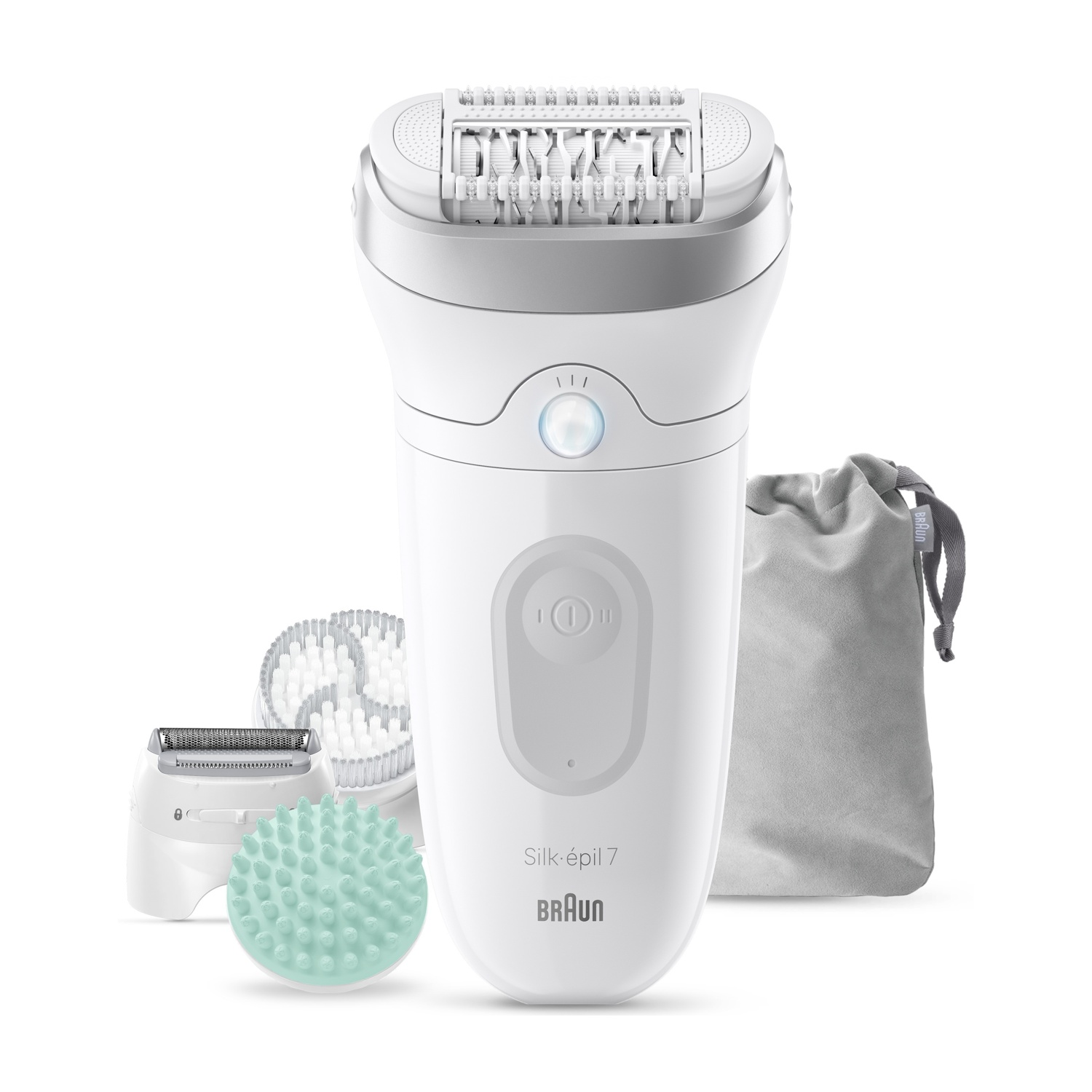 Epilatore bianco Braun Silk-épil 7 con testine, spazzola e custodia grigia su sfondo bianco.