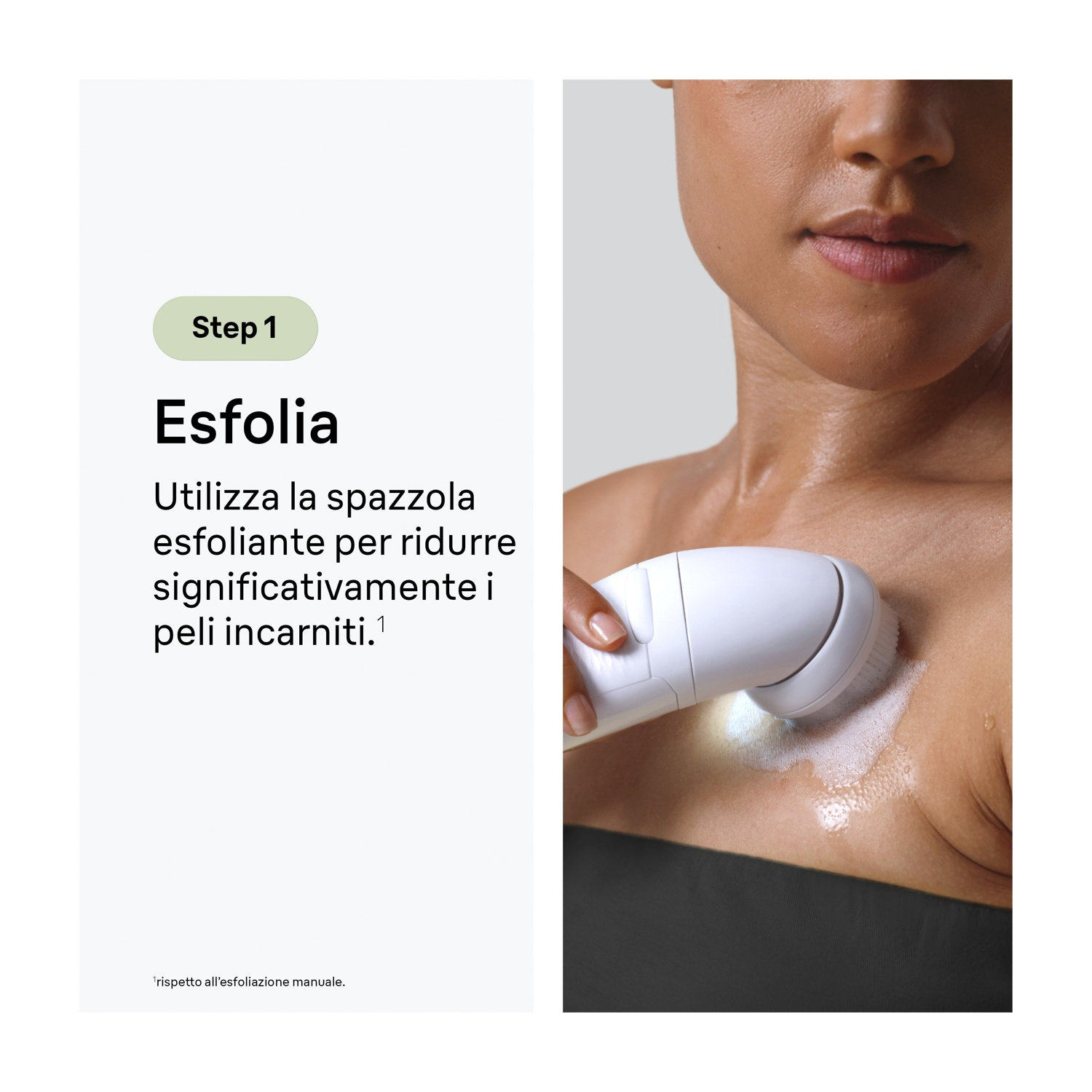 Donna esfolia la pelle con una spazzola elettrica e schiuma, con testo a fianco.