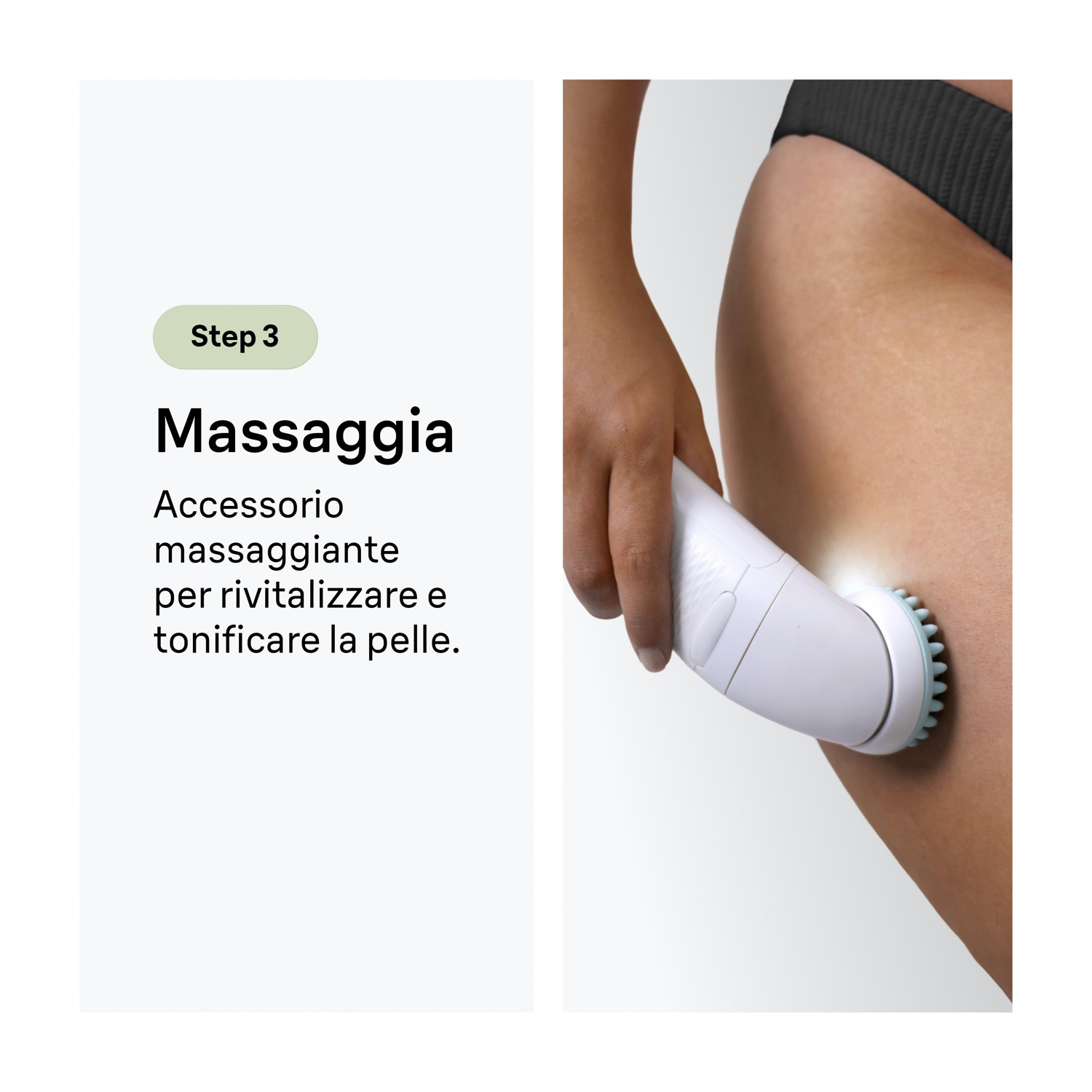 Una mano usa un dispositivo massaggiante bianco sulla coscia, con Passo 3 e testo descrittivo a sinistra.