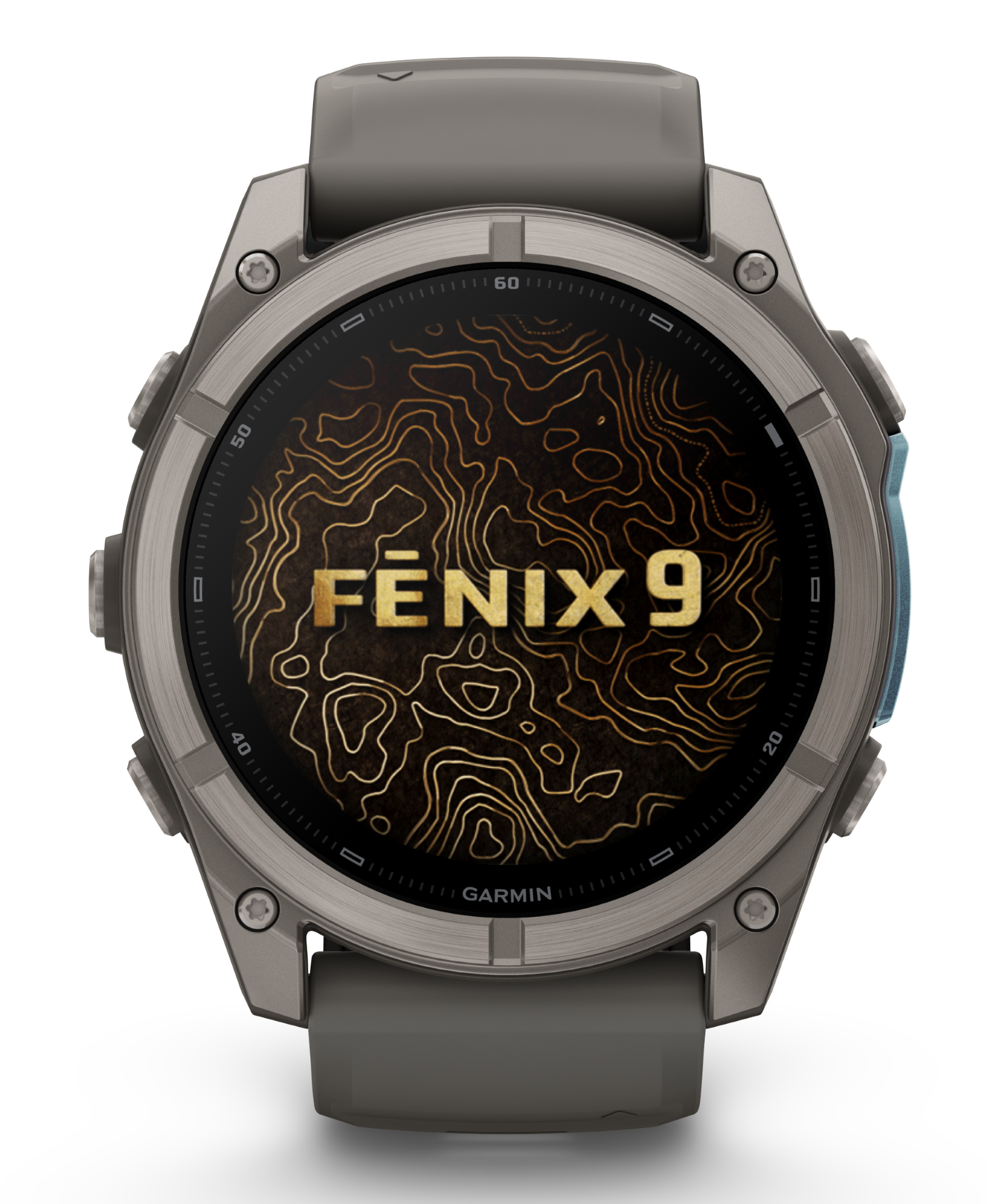 Szary smartwatch Garmin Fēnix 9 z topograficzną tarczą na czarnym tle.