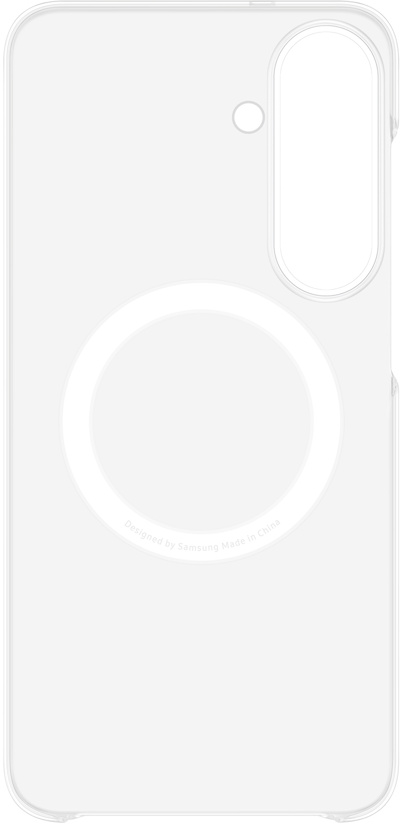 Átlátszó Samsung tok mágneses töltőgyűrűvel és kamera kivágással fehér háttérrel.