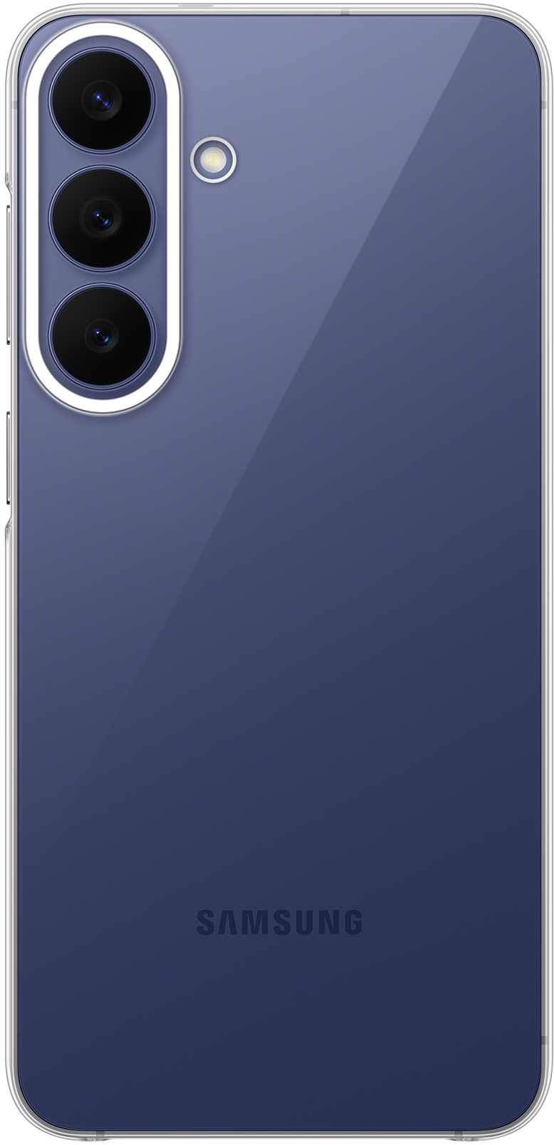 Egy lila Samsung okostelefon hátulja három függőleges kamerával és a Samsung logóval.