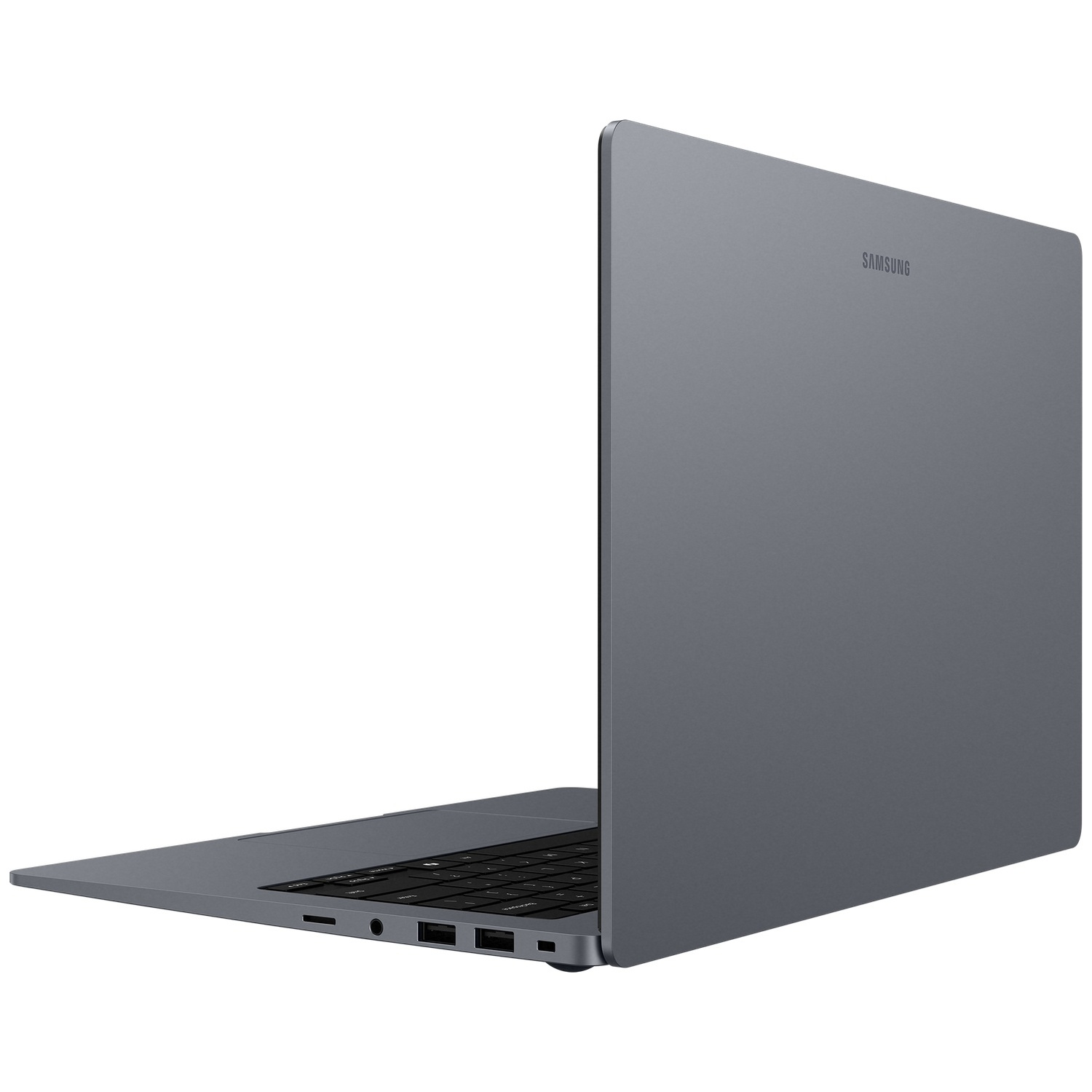 Un ordinateur portable Samsung gris montrant les ports visibles et le clavier sous un angle.