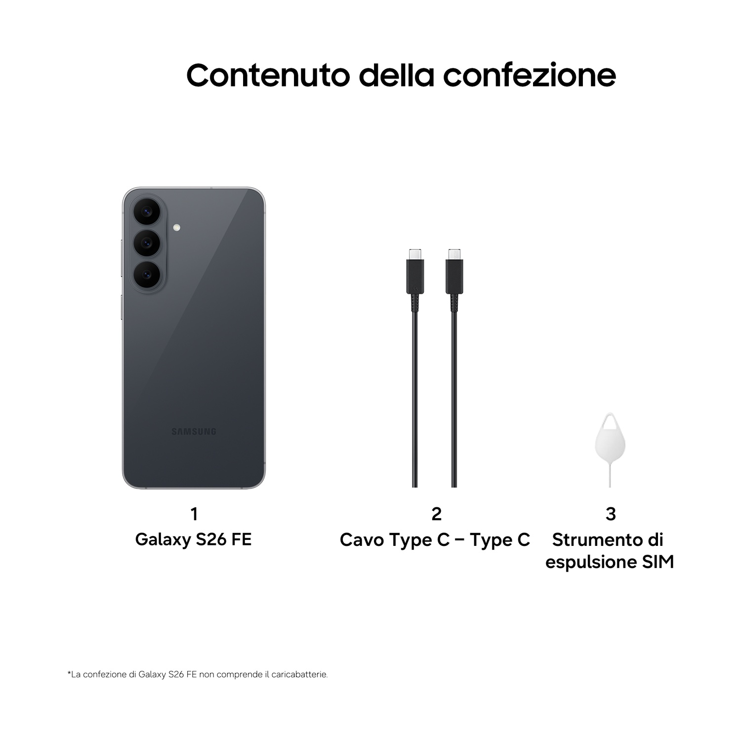 Contenuto della confezione con smartphone, cavo USB-C e spillino SIM.