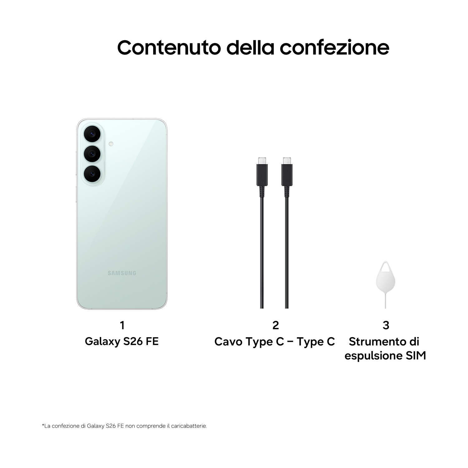 Contenuto della confezione: smartphone, cavo USB-C e strumento SIM su sfondo bianco.