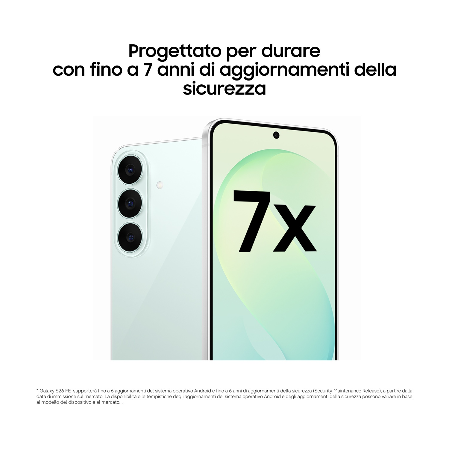 Smartphone con display luminoso e grande scritta 7x, con testo sugli aggiornamenti sopra.