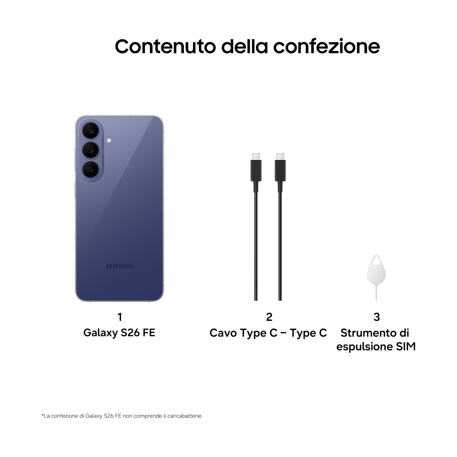 Contenuto della confezione con smartphone, cavo Type-C e spilla SIM.