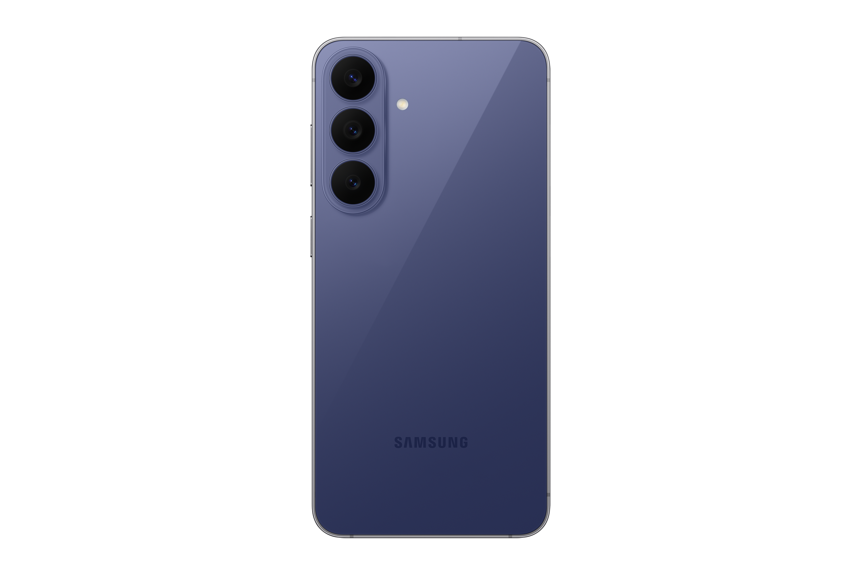 Rückseite eines violetten Samsung-Smartphones mit drei vertikalen Kameras auf schwarzem Hintergrund.