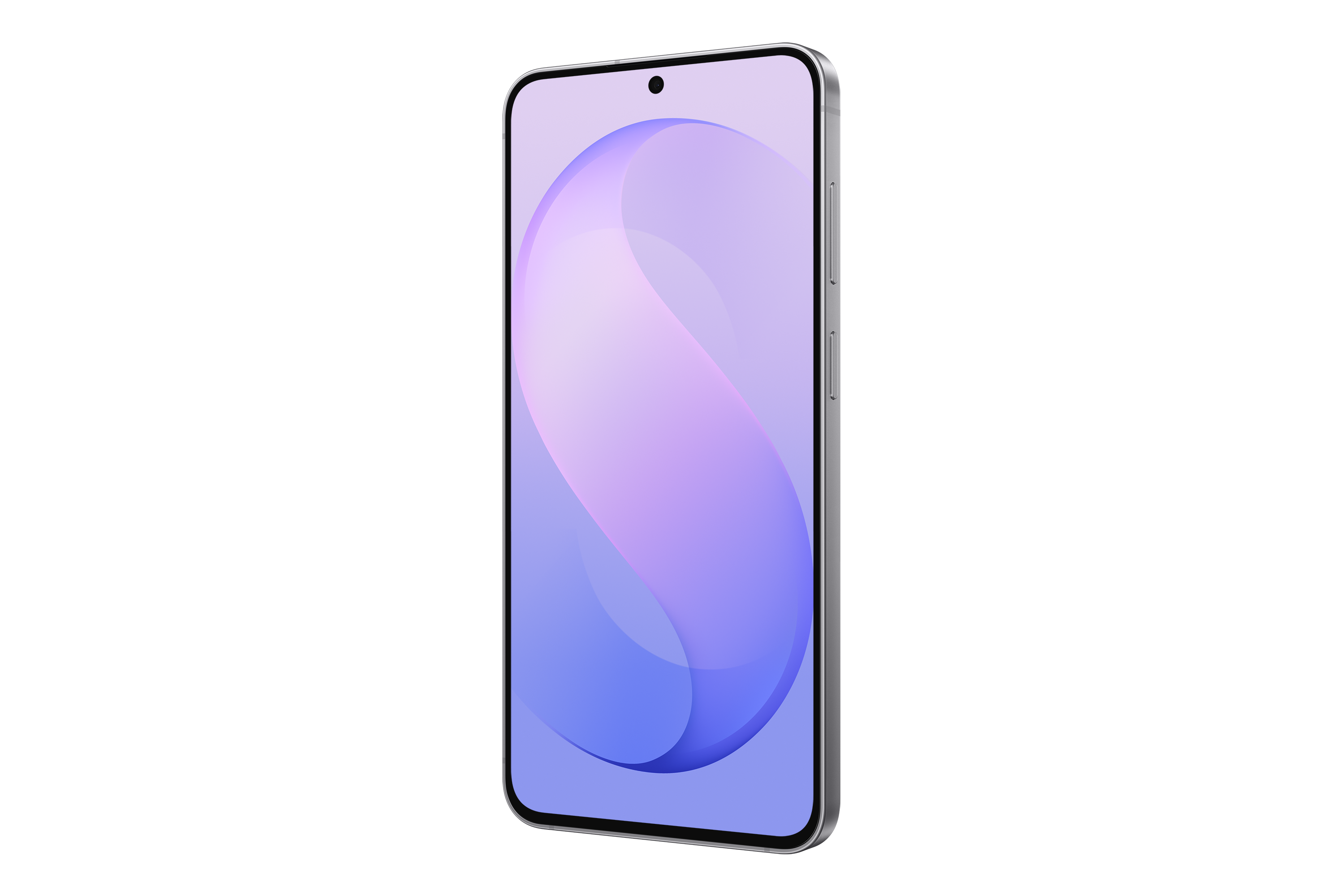 Ein weißes Smartphone mit einem abstrakten, violetten und blauen Hintergrund auf dem Display vor schwarzem Hintergrund.