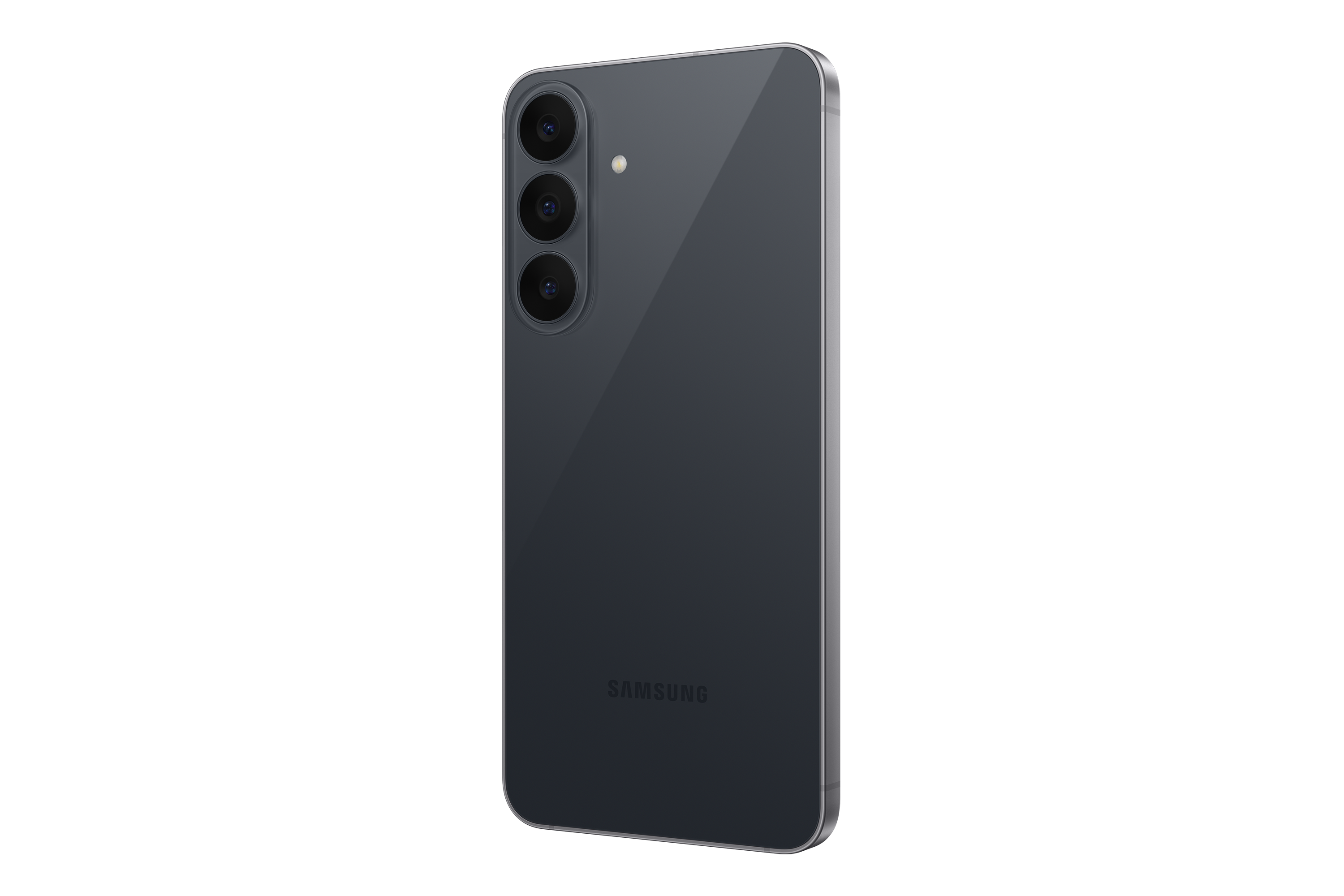 Rückseite eines grauen Samsung-Smartphones mit drei vertikal angeordneten Kameralinsen und dem Samsung-Logo.