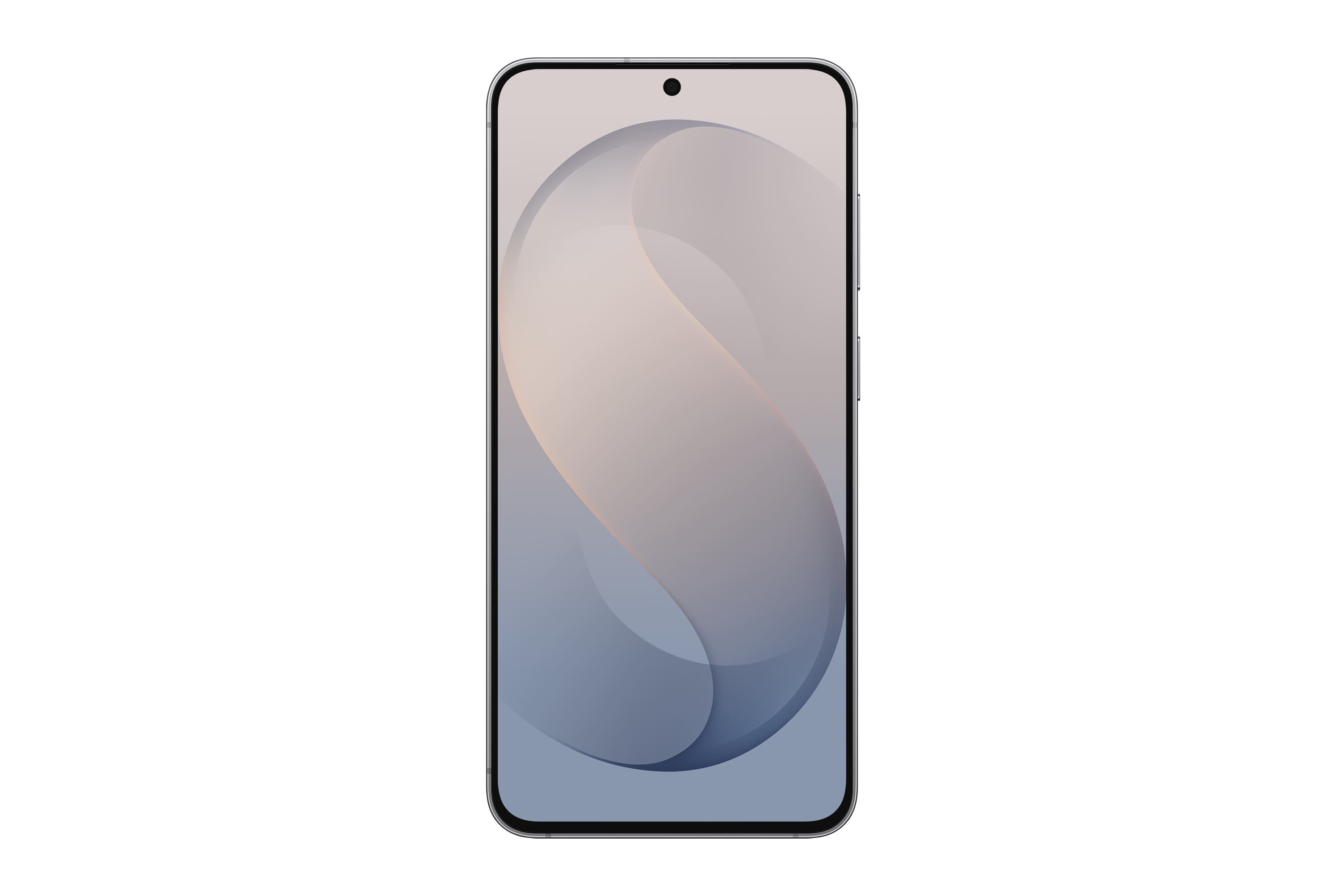 Ein Smartphone mit silbergrauem Rahmen zeigt ein abstraktes, geschwungenes Design in sanften Pastelltönen auf dem Bildschirm.