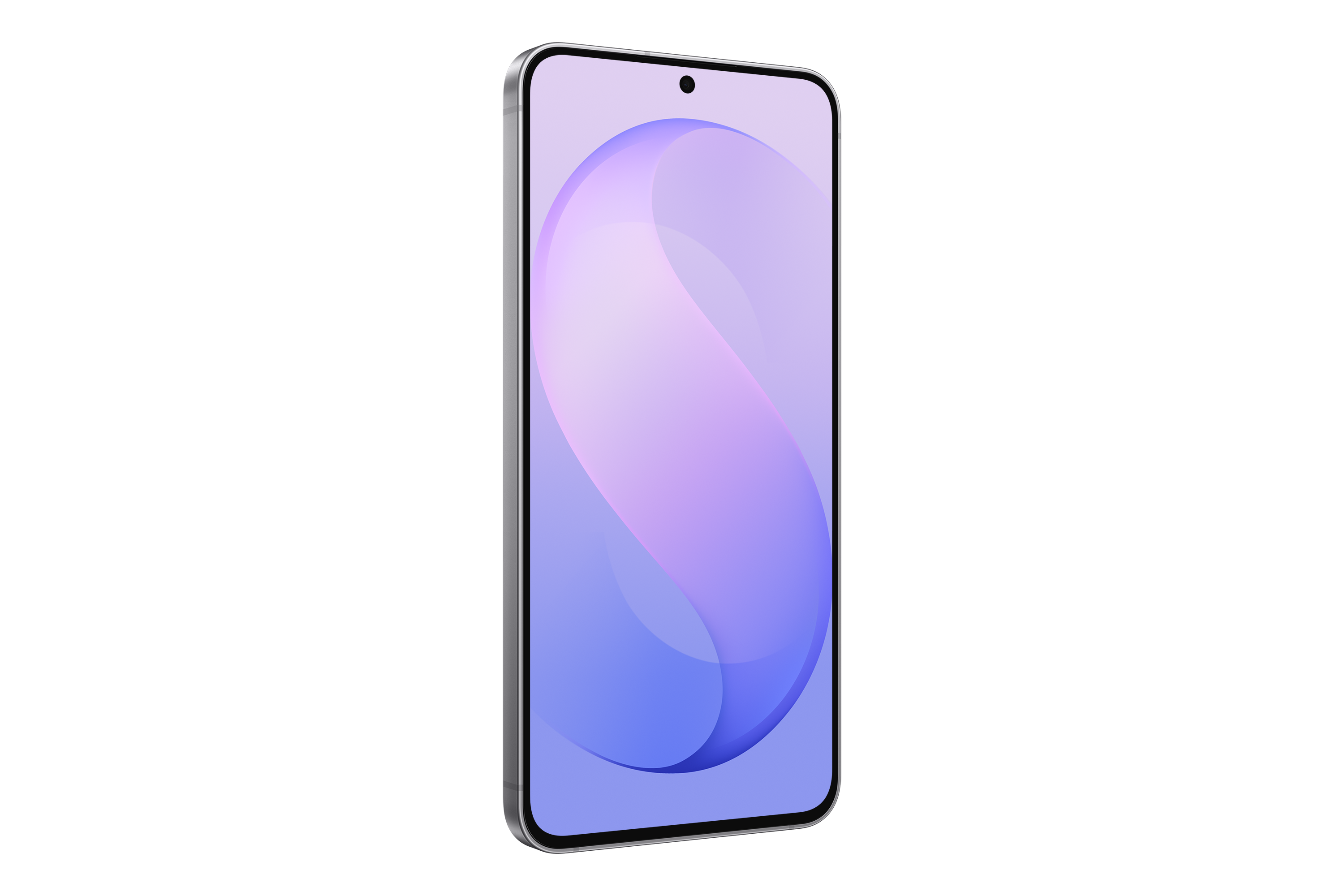 Ein Smartphone mit einem abstraktem lilafarbenen und blauen Bildschirm auf schwarzem Hintergrund.