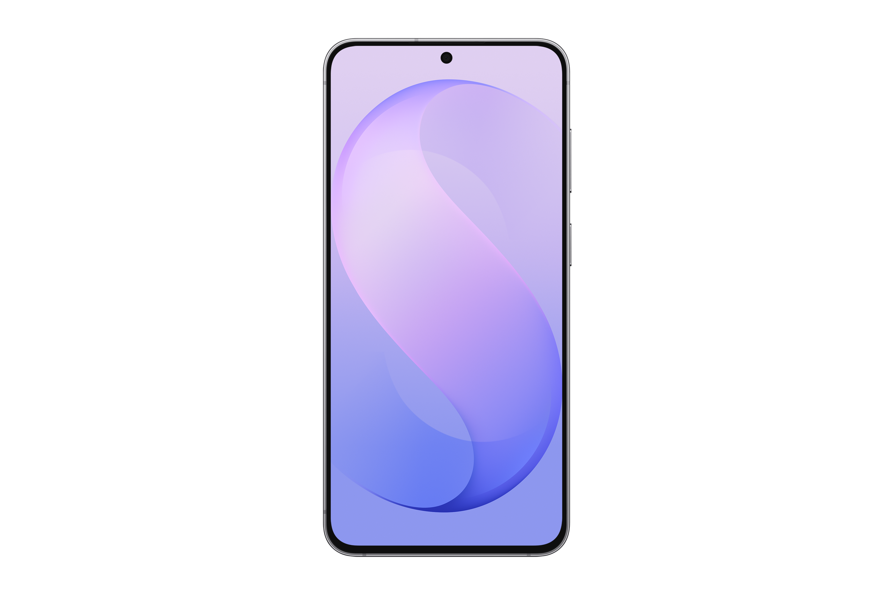Ein Smartphone mit abgerundeten Ecken zeigt einen lila abstrakten S-förmigen Hintergrund.