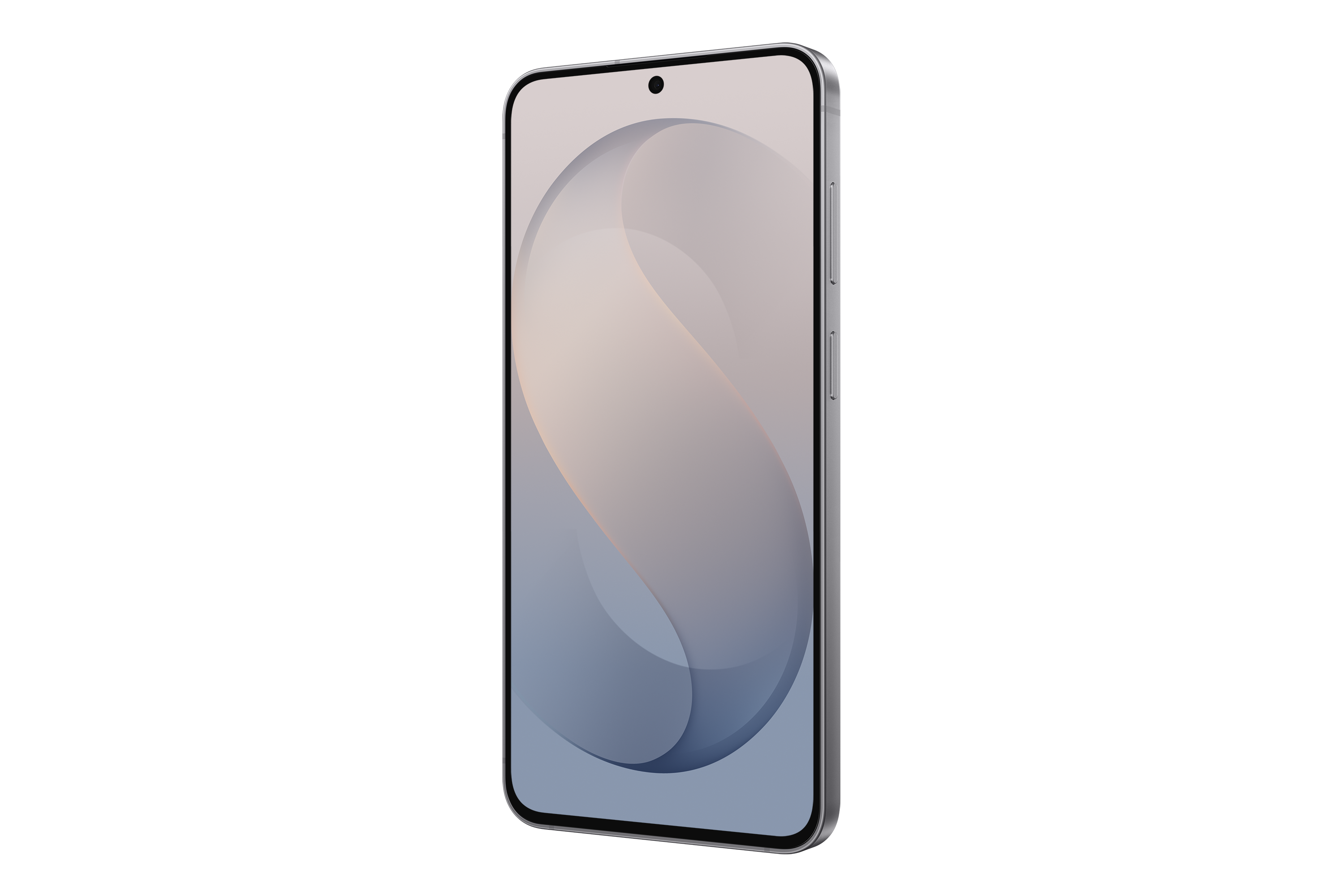 Ein weißes Smartphone zeigt ein helles, geschwungenes Design auf dem Bildschirm vor schwarzem Hintergrund.