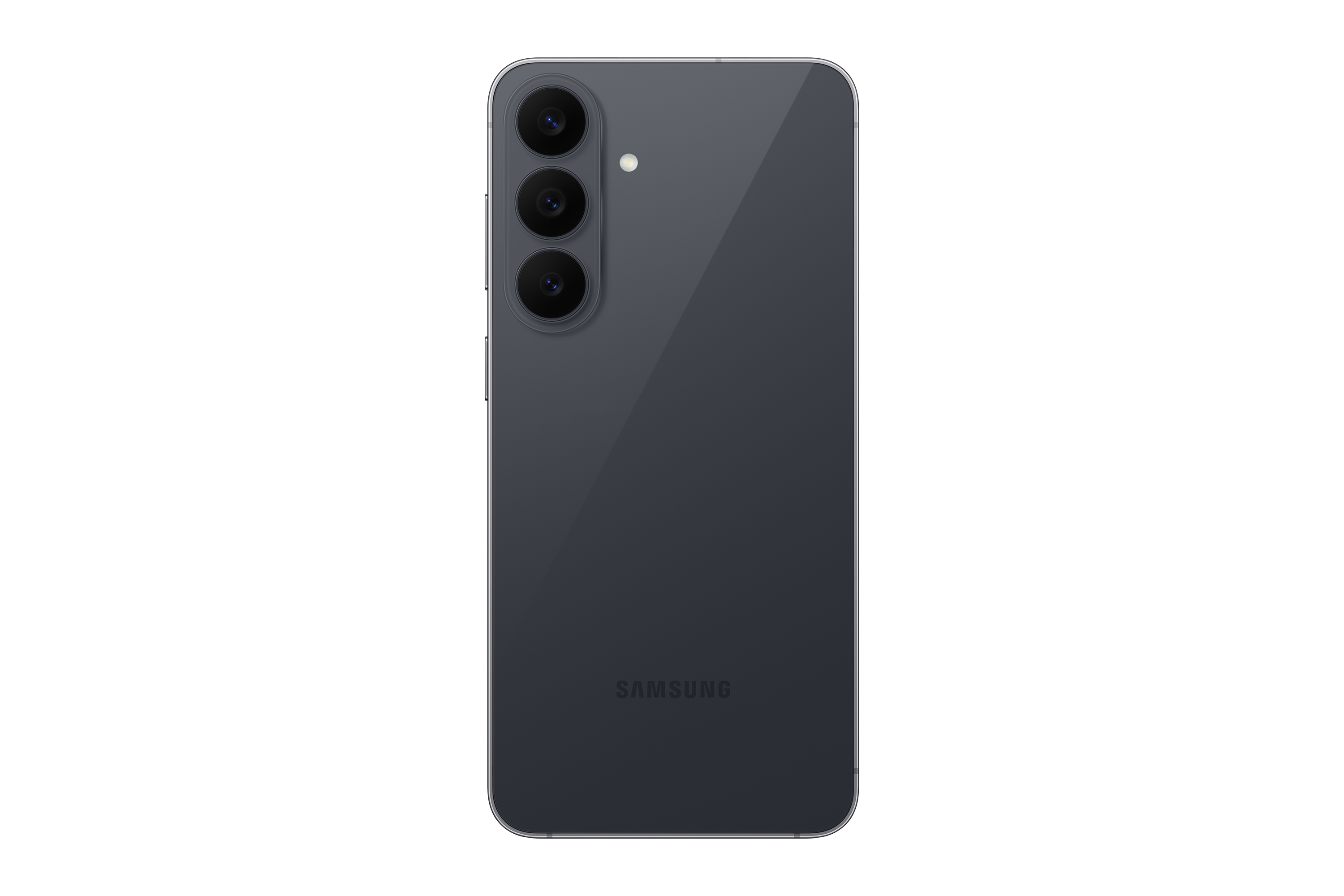 Rückseite eines grauen Samsung-Smartphones mit vertikaler Dreifachkamera und Blitz auf schwarzem Hintergrund.