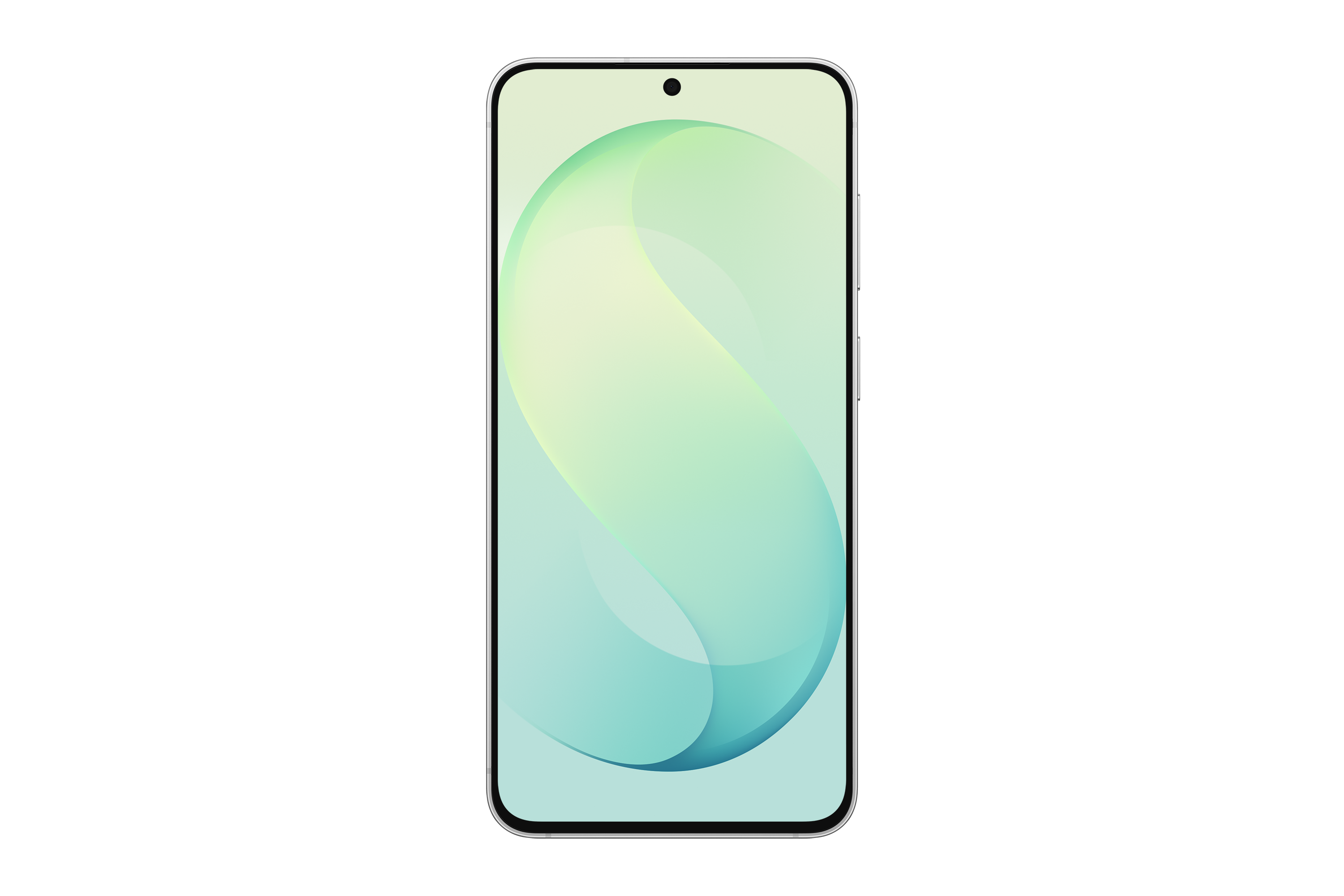 Ein Smartphone mit abgerundeten Ecken und hellgrünem, geschwungenem Hintergrund auf dem Bildschirm.