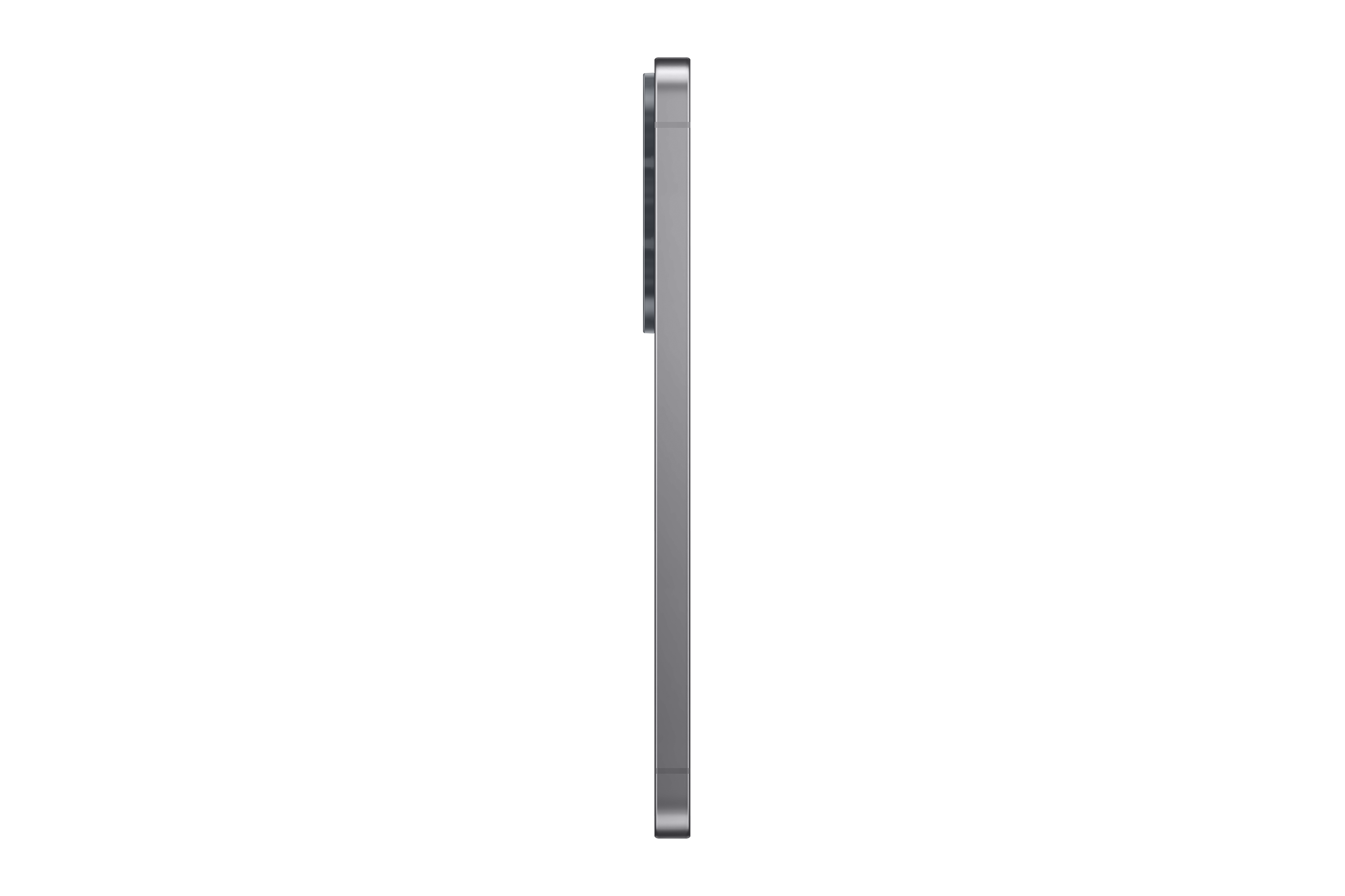 Seitenansicht eines schlanken Smartphones mit grauem Metallrahmen vor schwarzem Hintergrund.
