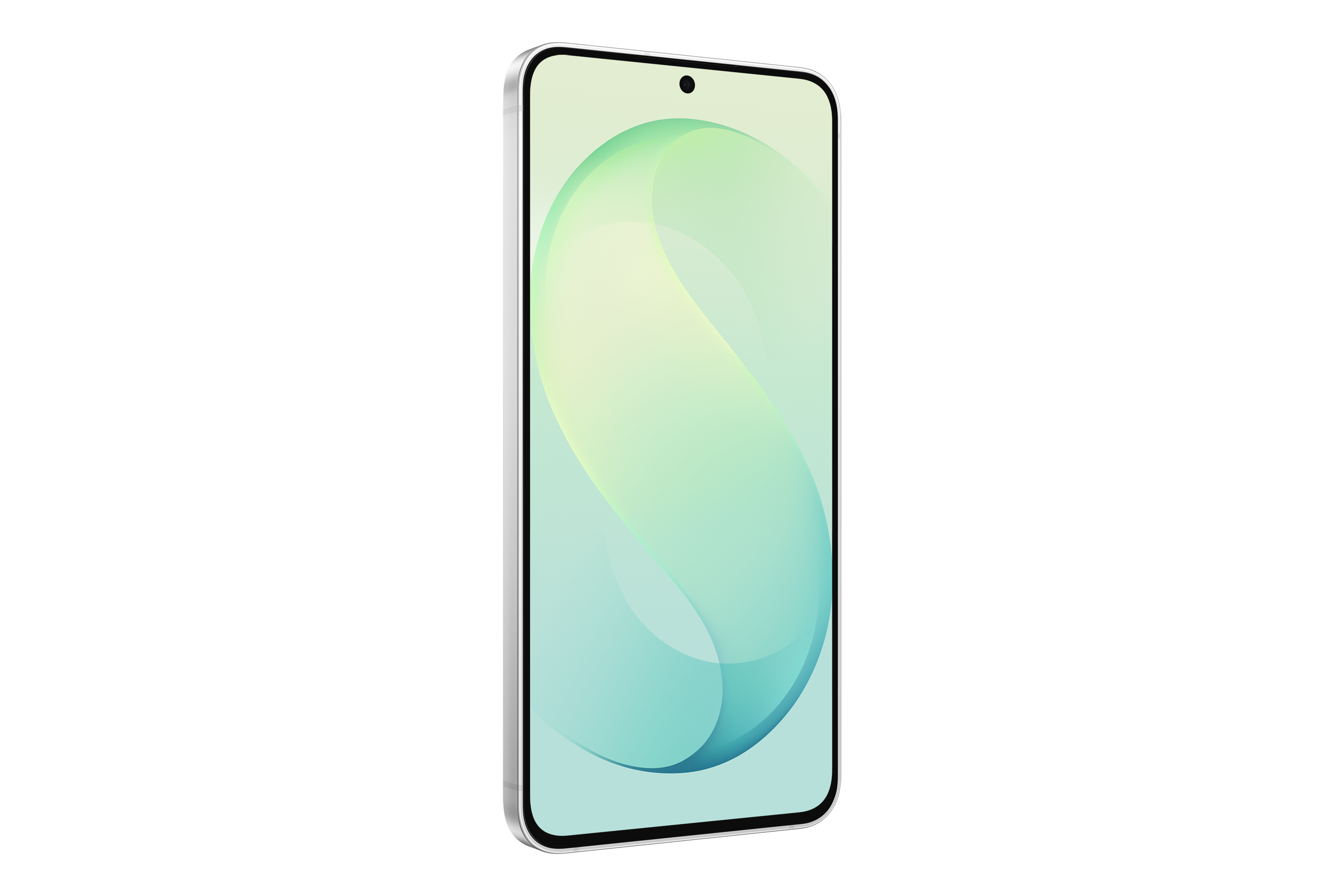 Ein weißes Smartphone zeigt einen abstrakten, geschwungenen grün-blauen Hintergrund vor einem schwarzen Hintergrund.