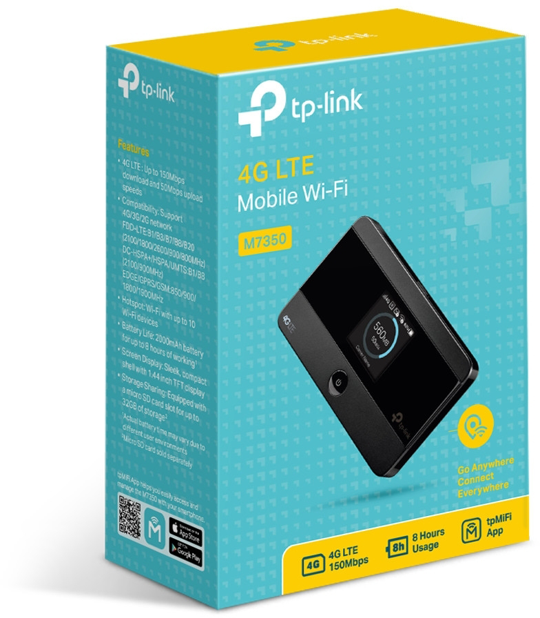 Csomagolódoboz TP-Link M7350 4G LTE mobil Wi-Fi routerhez türkiz és sárga színben.