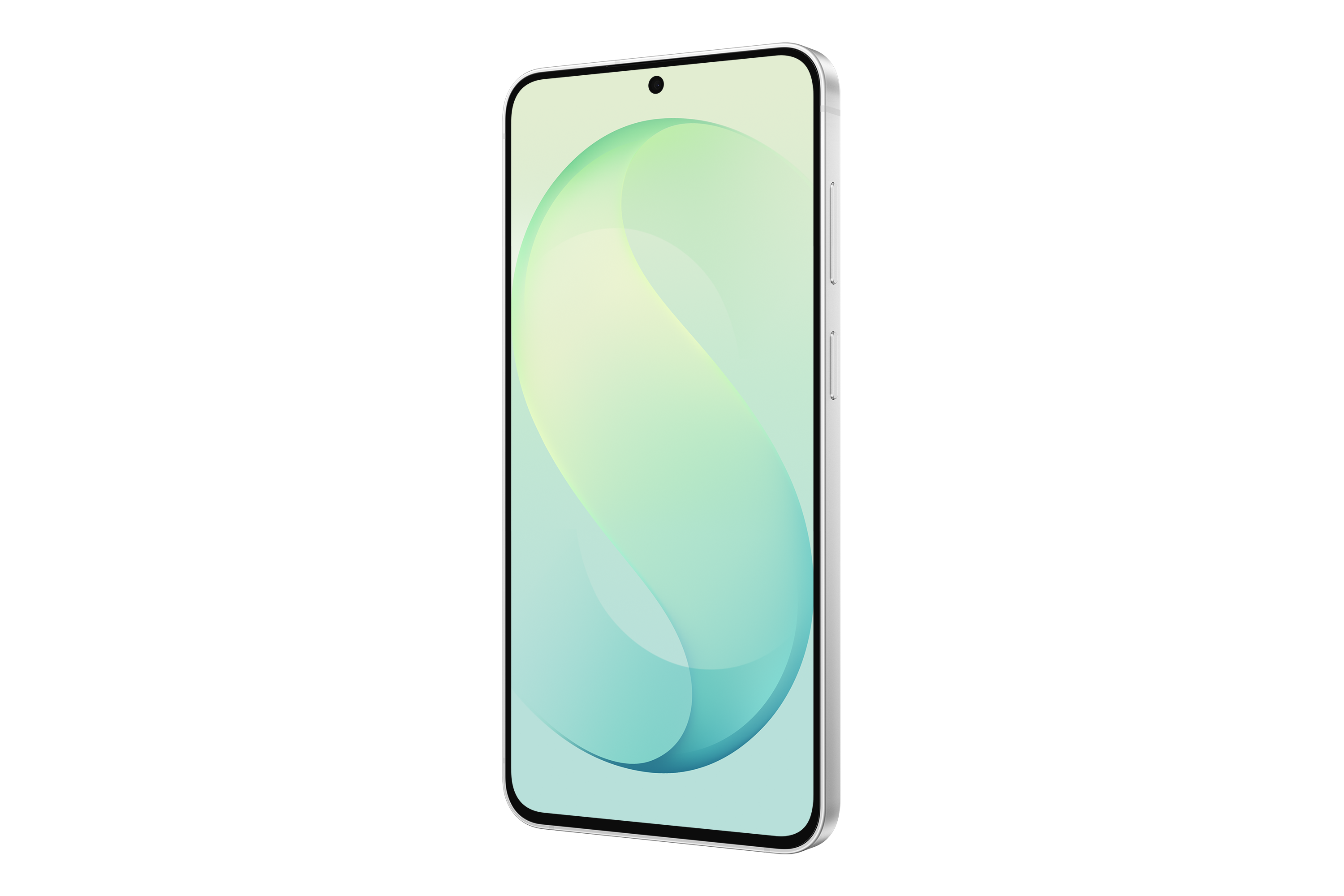 Ein weißes Smartphone mit grün-blauem Display auf schwarzem Hintergrund.