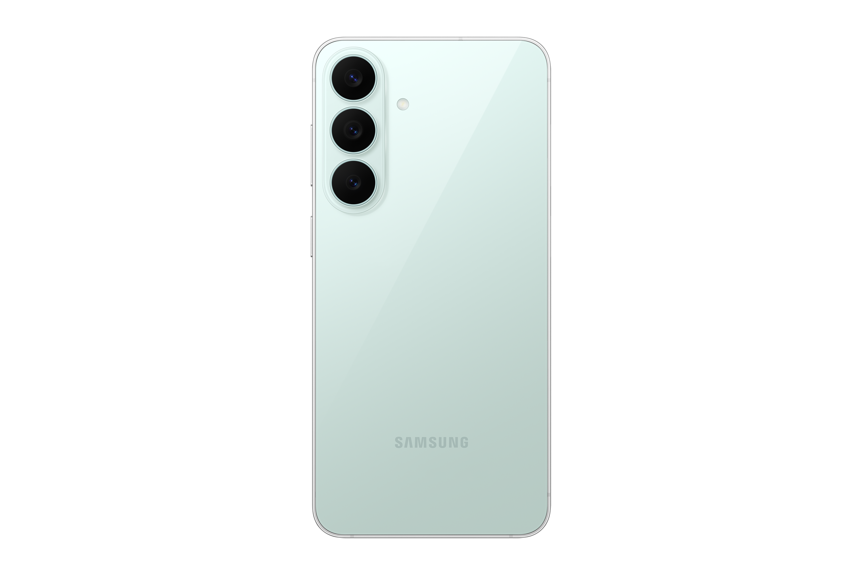 Rückseite eines hellgrünen Samsung-Smartphones mit vertikal angeordneter Dreifachkamera und Logo auf schwarzem Grund.