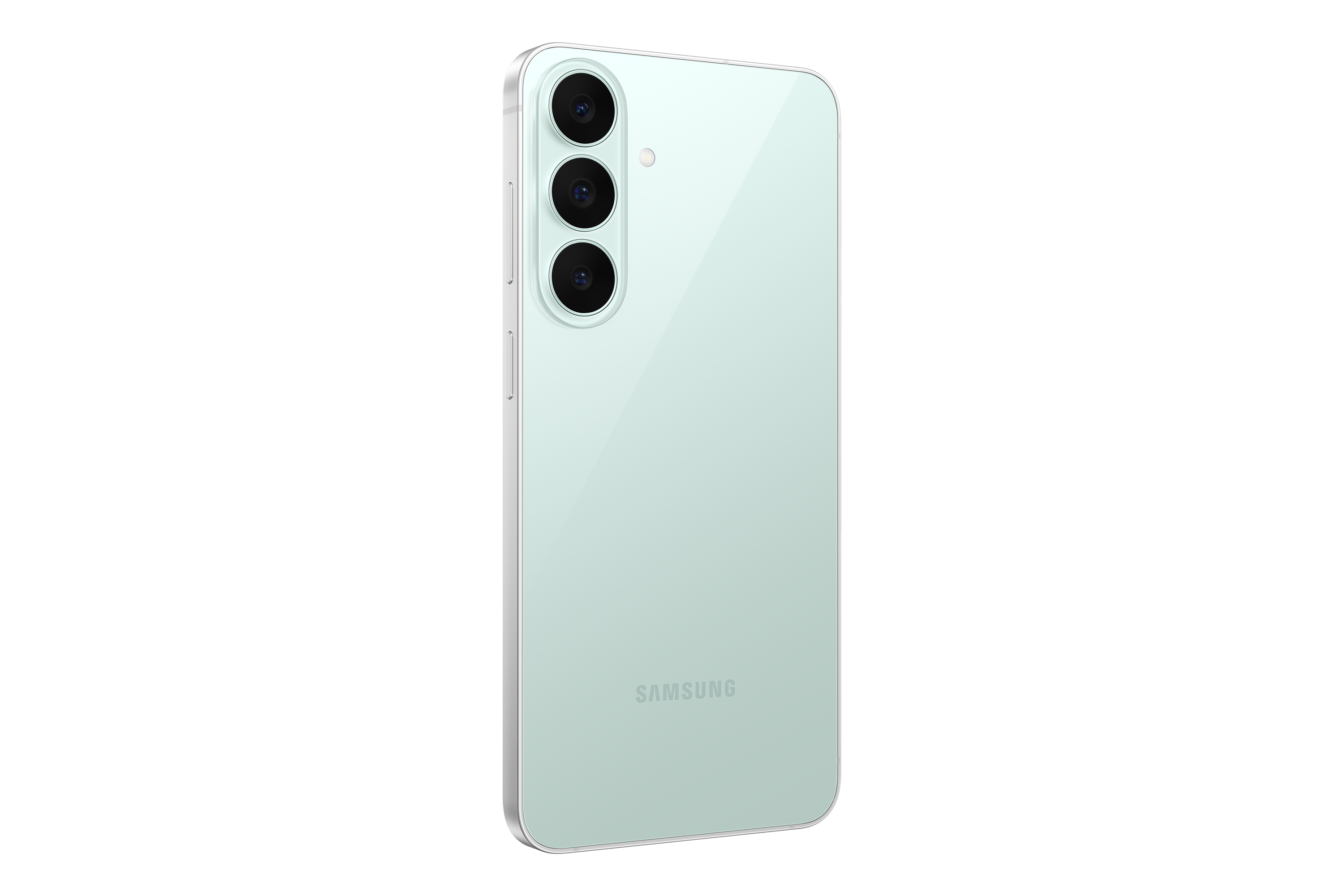 Rückseite eines hellgrünen Smartphones mit drei vertikalen Kameras auf schwarzem Hintergrund.
