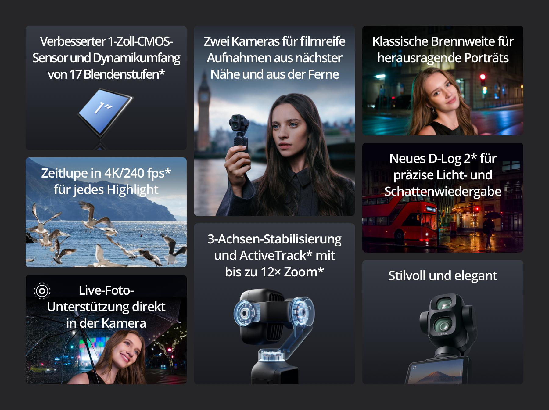 Eine Infografik mit Kamerafunktionen, Bildern einer Frau, Möwen, einer Straßenszene und technischen Daten.