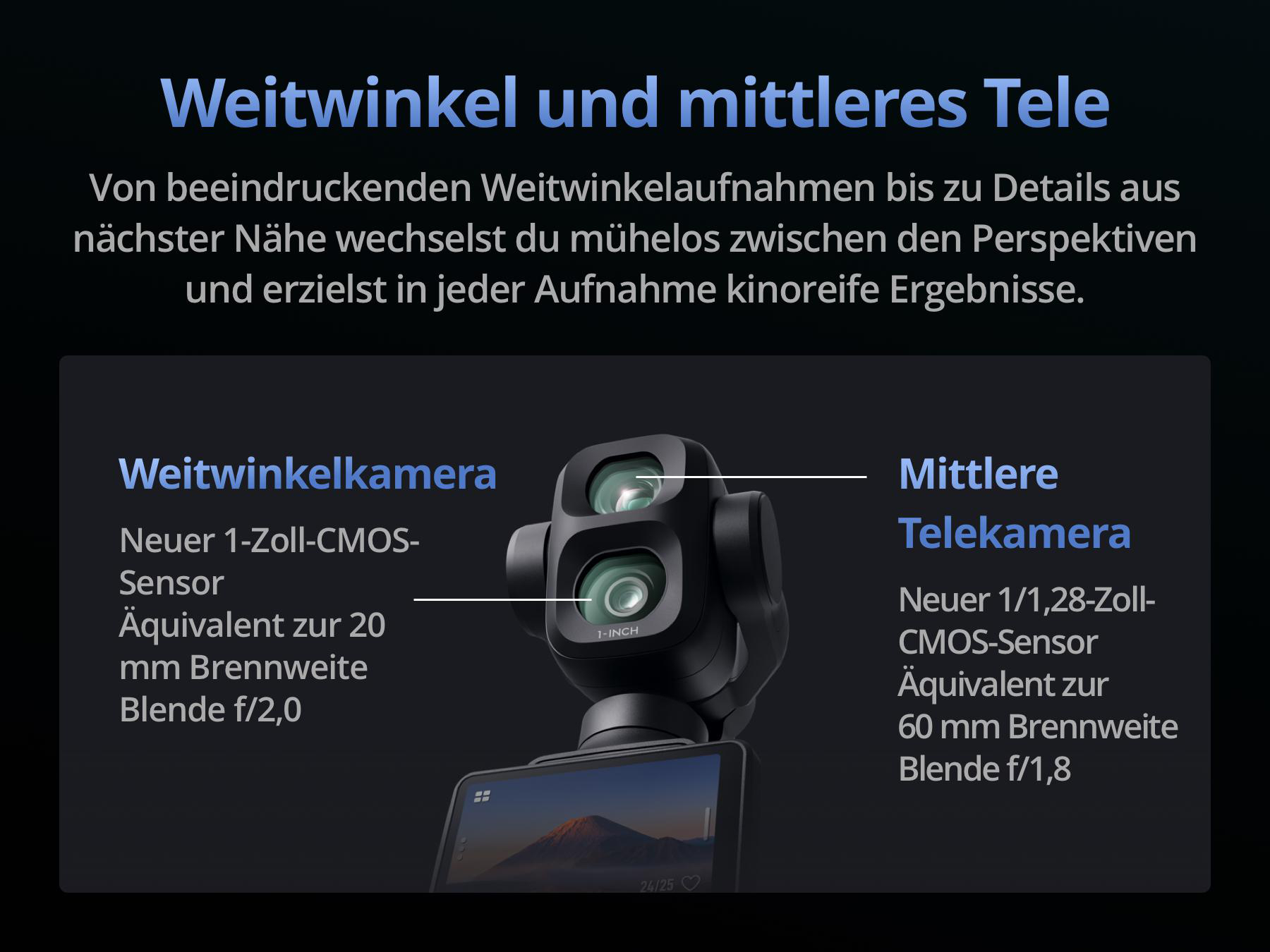 Diagramm zeigt Weitwinkel- und Telekamera mit technischen Daten auf schwarzem Hintergrund.