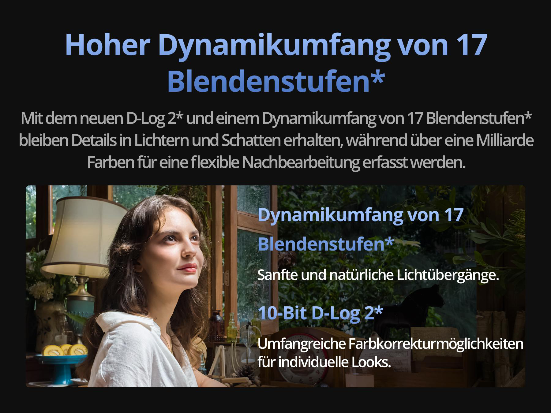 Eine Frau blickt nachdenklich aus einem Fenster, umgeben von Pflanzen und Lampenlicht, mit Textüberlagerungen.