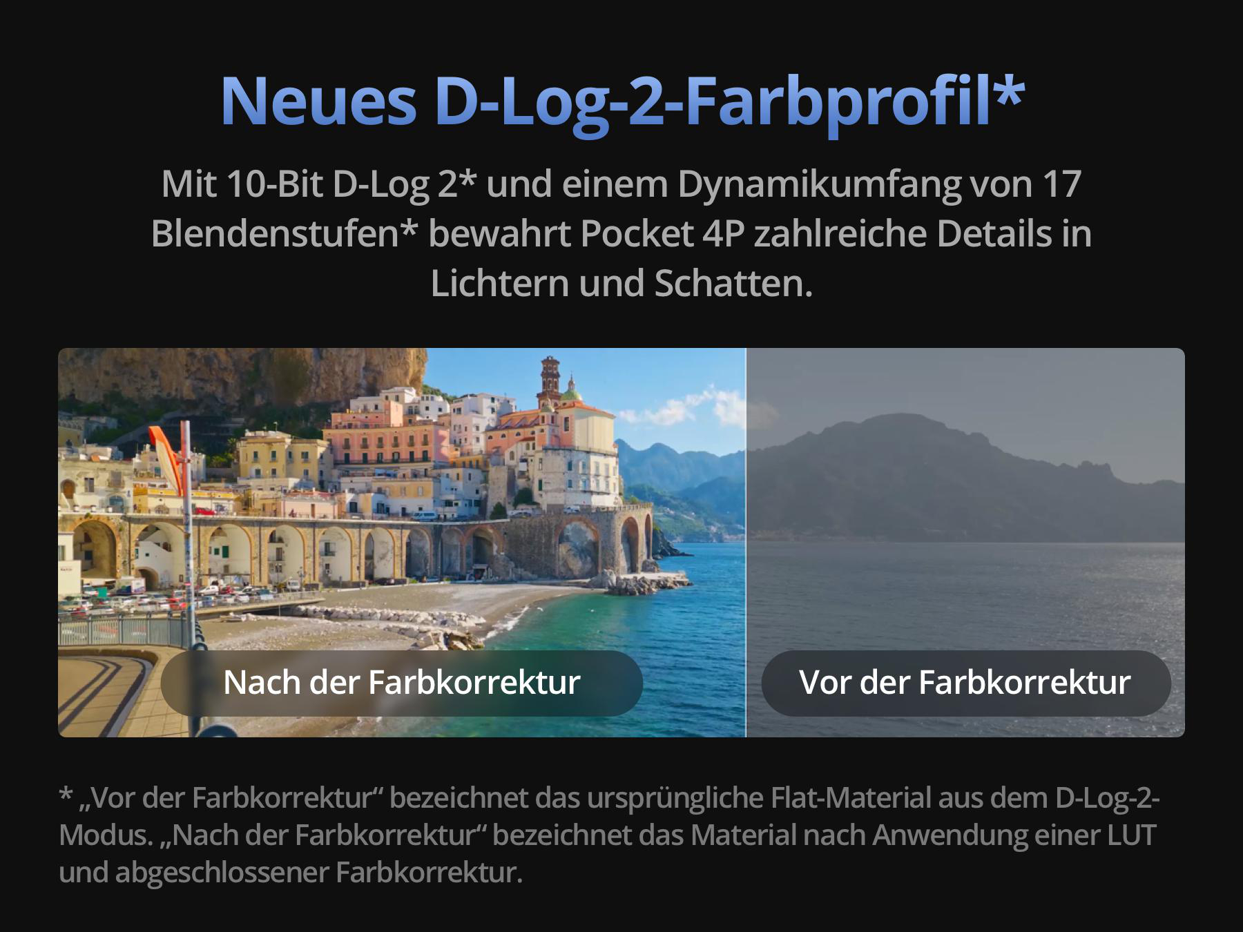 Vergleichsbild zeigt eine Küstenstadt vor und nach der Farbkorrektur für D-Log-2.