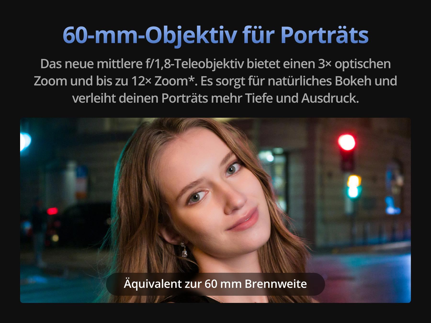 Eine Frau posiert nachts vor verschwommener Stadtkulisse für ein Porträt.