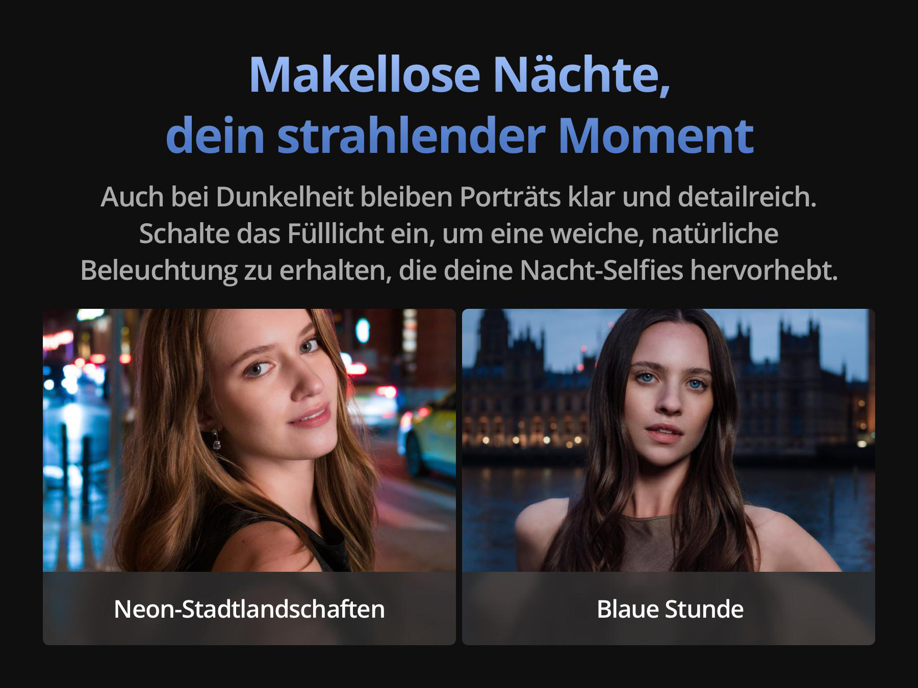 Werbebild mit Text und zwei Frauen vor abendlichen Stadtkulissen, die Neonlichter und Architektur zeigen.