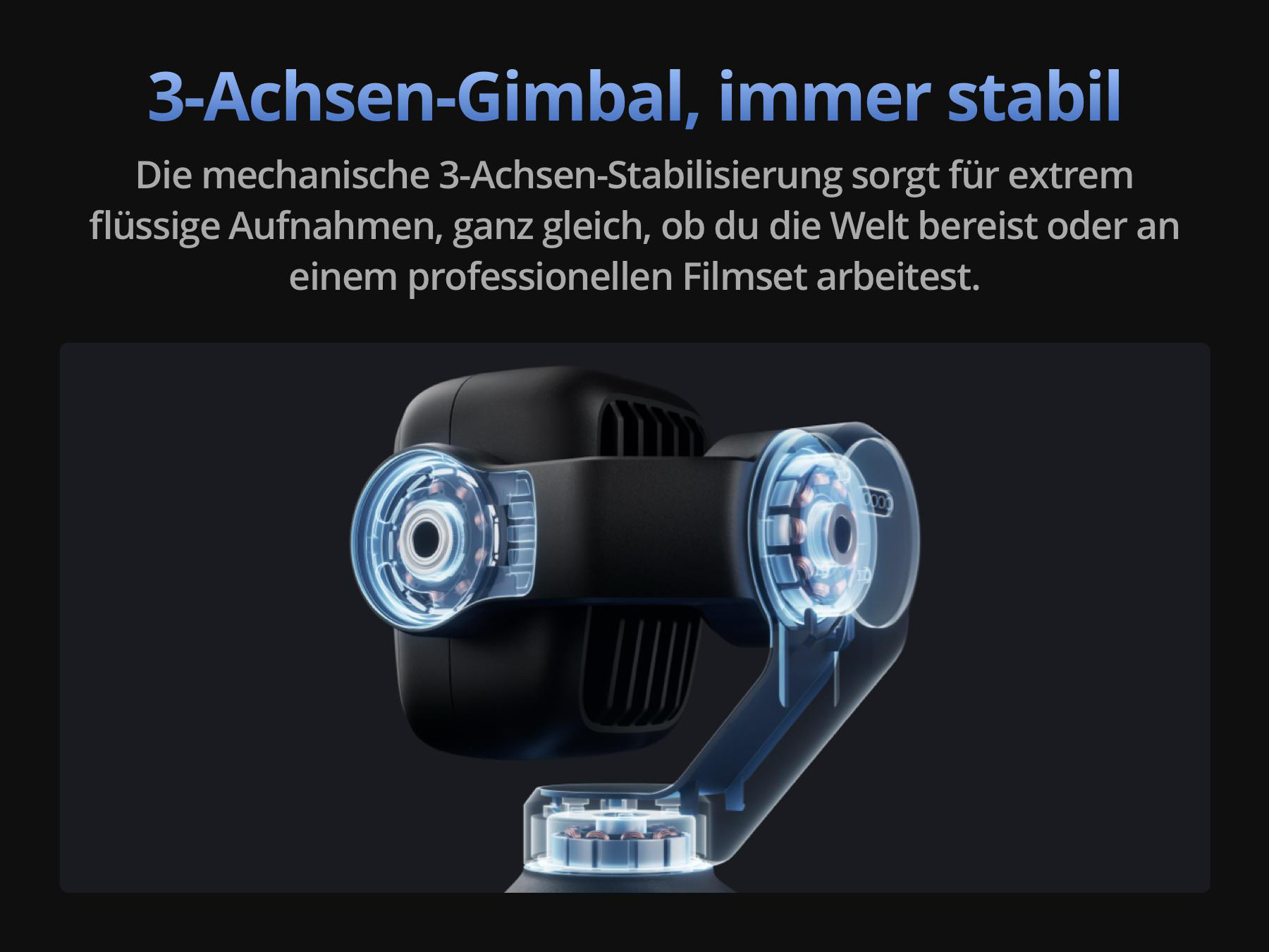 Nahaufnahme eines schwarzen 3-Achsen-Gimbals mit blau leuchtenden Motoren auf schwarzem Hintergrund mit deutschem Text.
