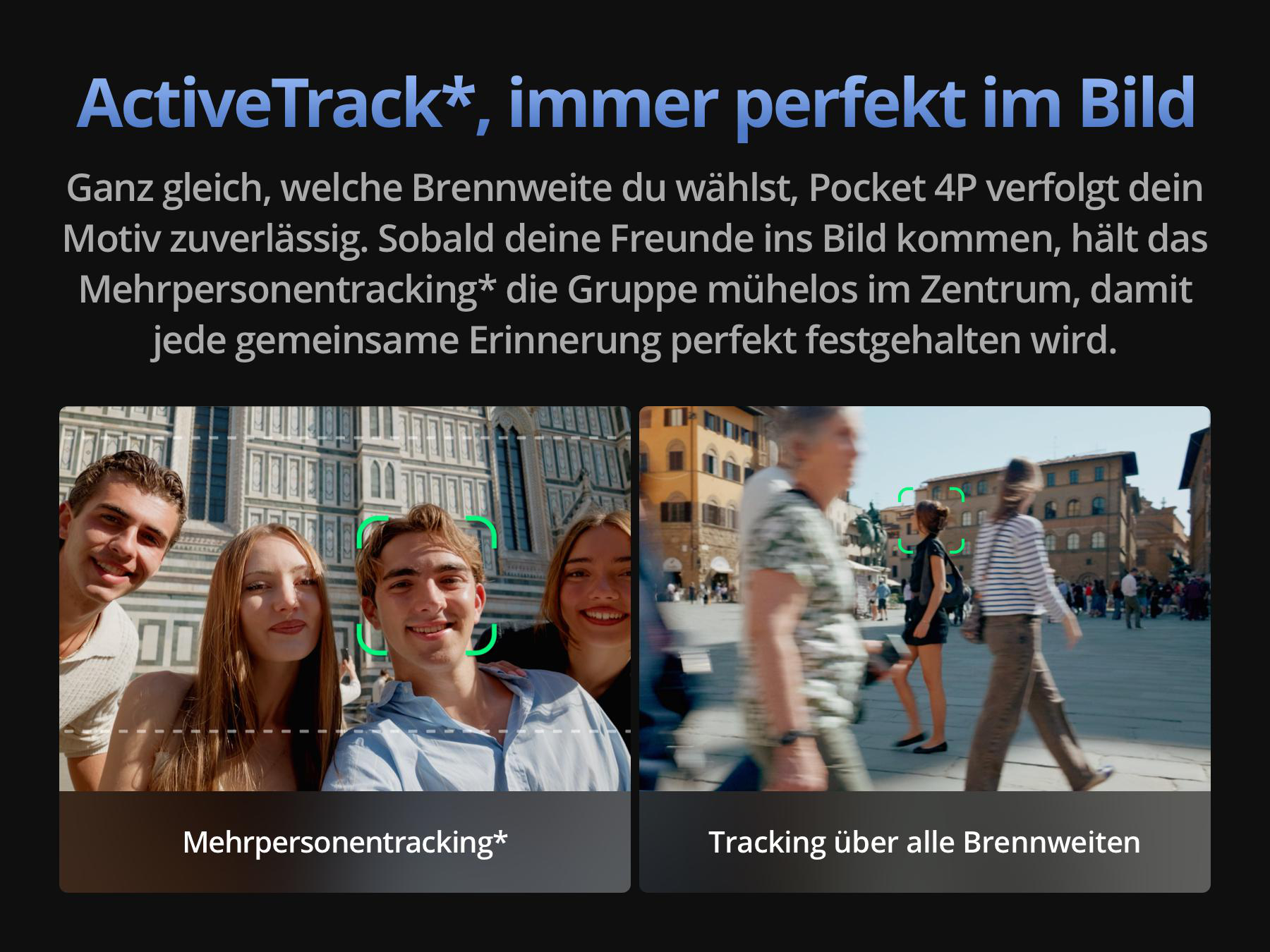 Werbung für ActiveTrack mit einem Gruppenselfie links und Menschen auf einem Platz rechts.