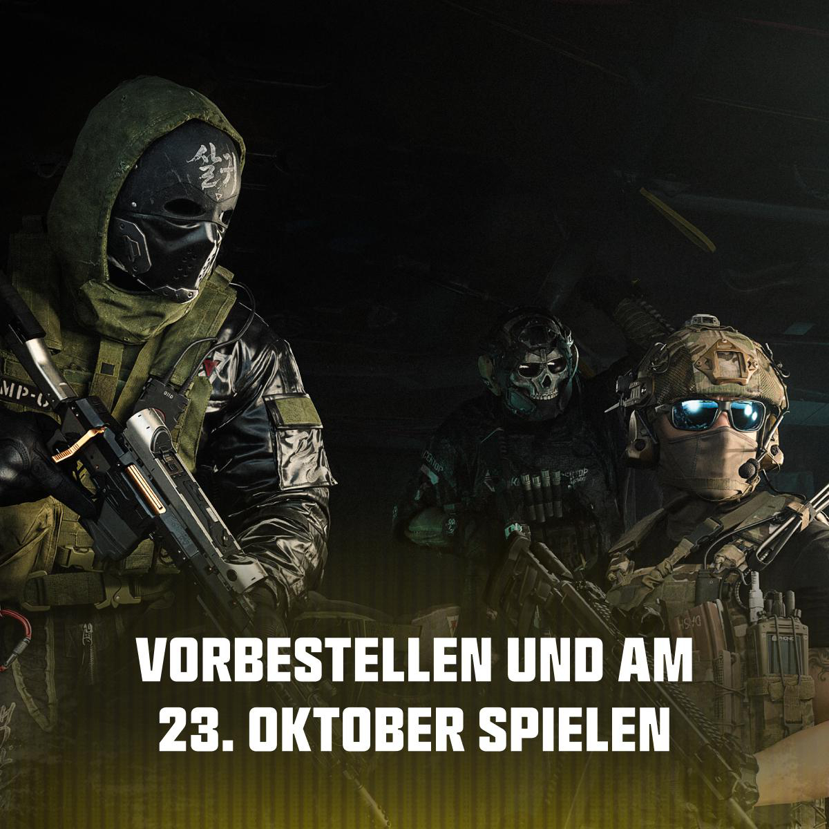 Drei bewaffnete Soldaten in Kampfmontur vor dunklem Hintergrund mit Text zur Vorbestellung.