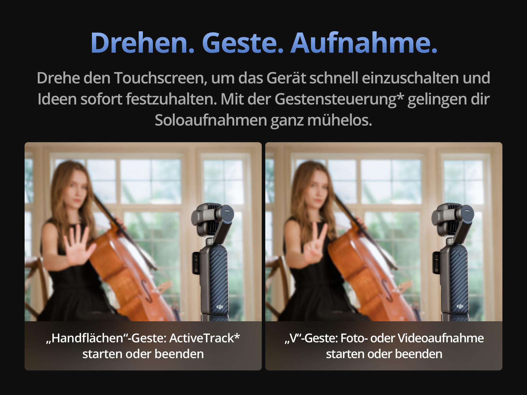 Eine Anzeige mit einer Frau, Kamera und Cello, die Hand- und V-Gesten zur Kamerasteuerung zeigt.