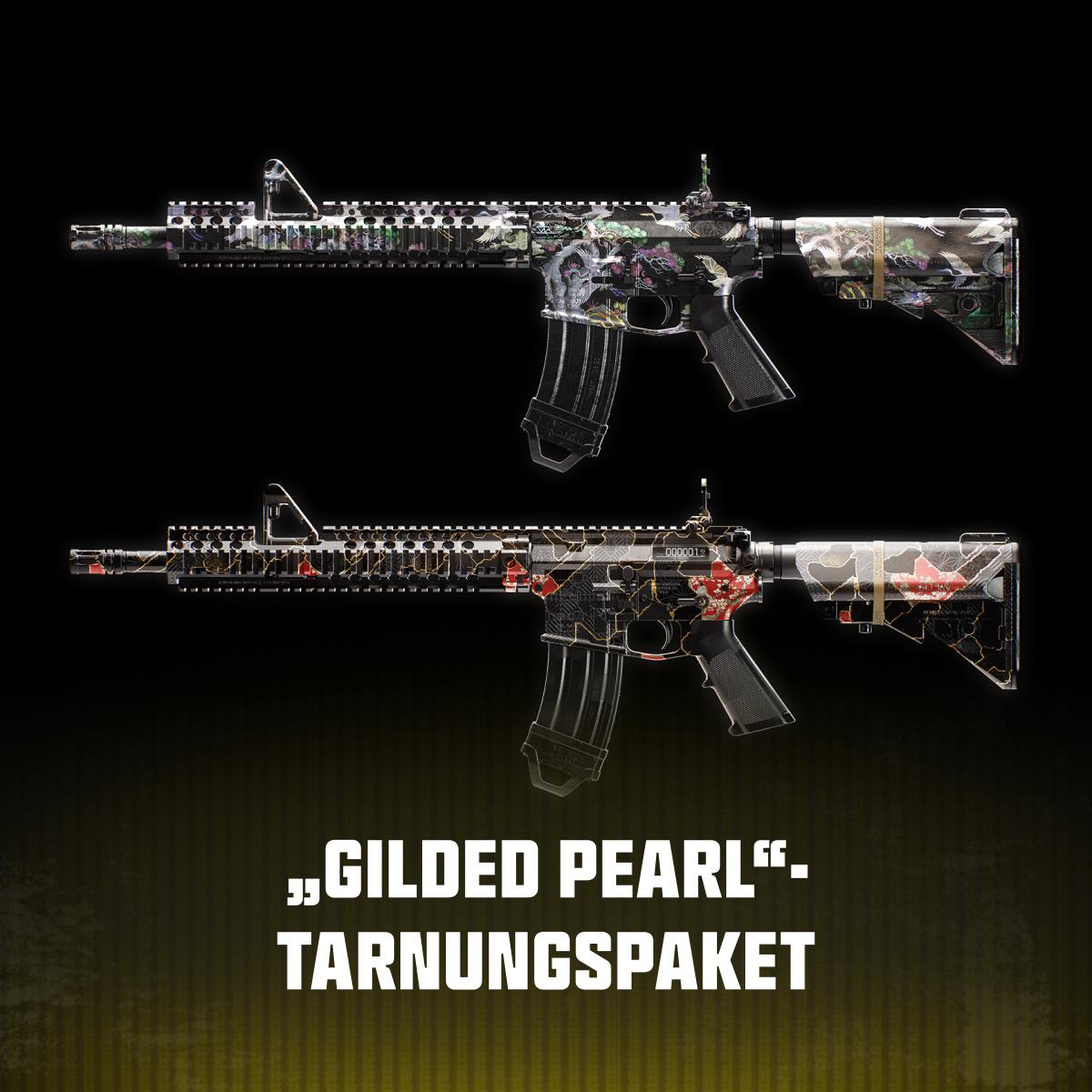 Zwei Sturmgewehre mit verziertem Blumen- und Tiermuster auf dunklem Grund, beschriftet als Gilded Pearl Tarnungspaket.