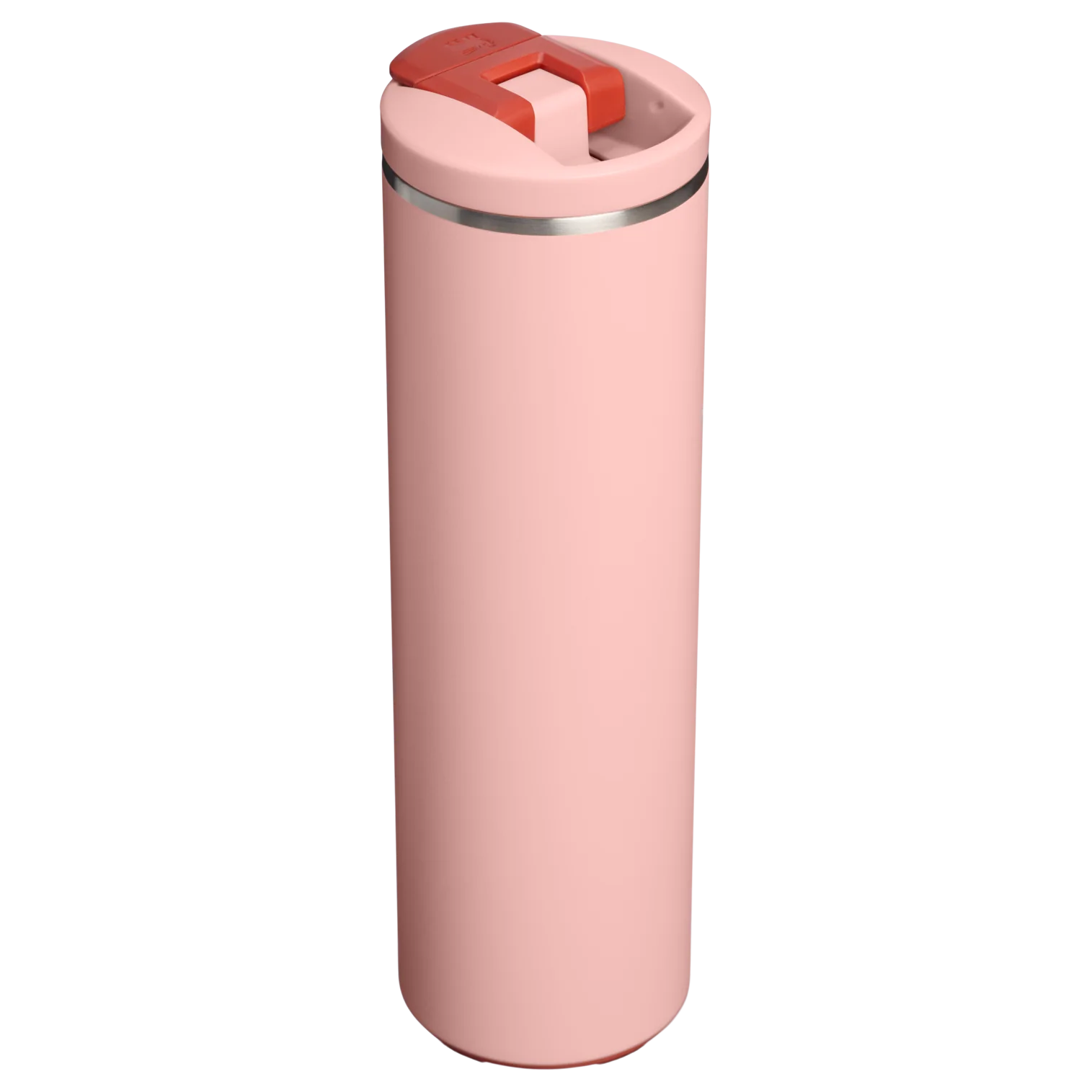 Siyah arka planda kırmızı kapaklı şık pembe seyahat kupası.