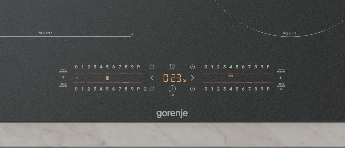 Fekete Gorenje indukciós főzőlap érintésvezérléssel, 0:23-at mutató digitális időzítővel és teljesítménycsúszkákkal.