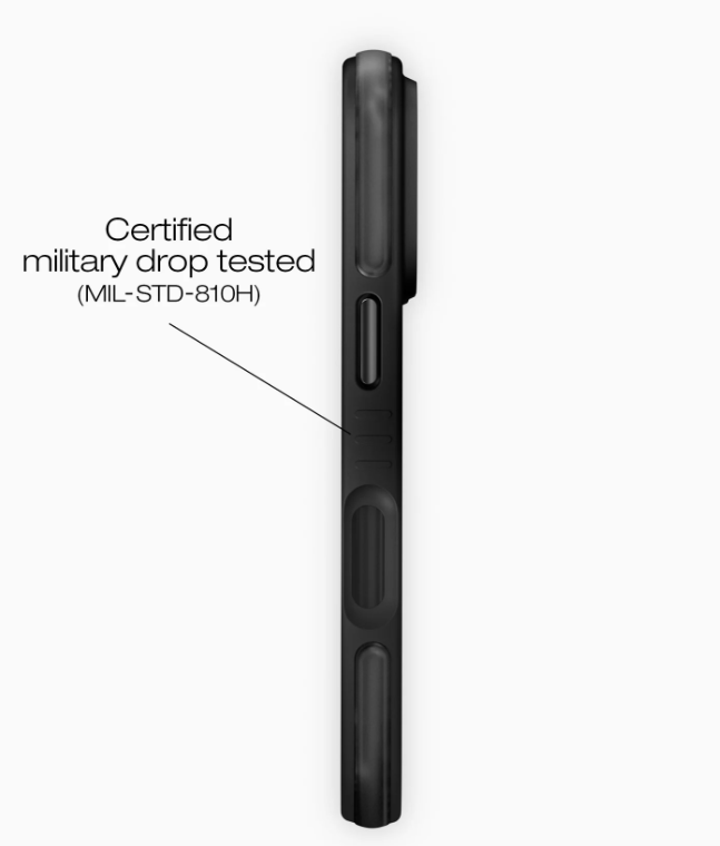 Fekete védőtok oldalsó nézete "Certified military drop tested (MIL-STD-810H)" felirattal.