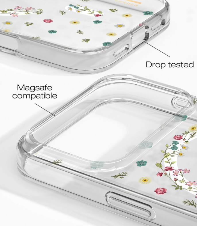 Átlátszó telefontok virágmintával, MagSafe kompatibilis és csepptesztelt.