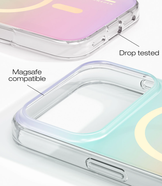 Két színátmenetes telefontok, MagSafe kompatibilis és ejtéstesztelt feliratokkal.