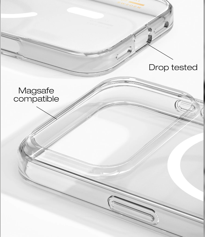 Átlátszó telefontok Drop tested és Magsafe compatible feliratokkal.