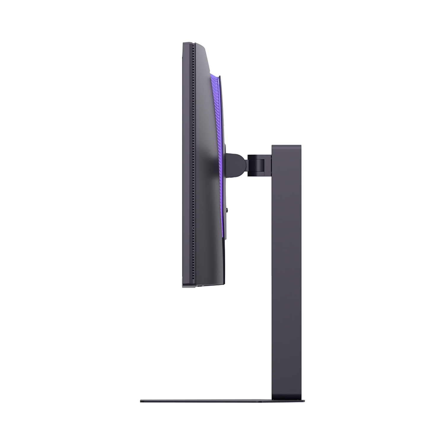 Vista laterale di un monitor nero con dettagli viola su supporto.