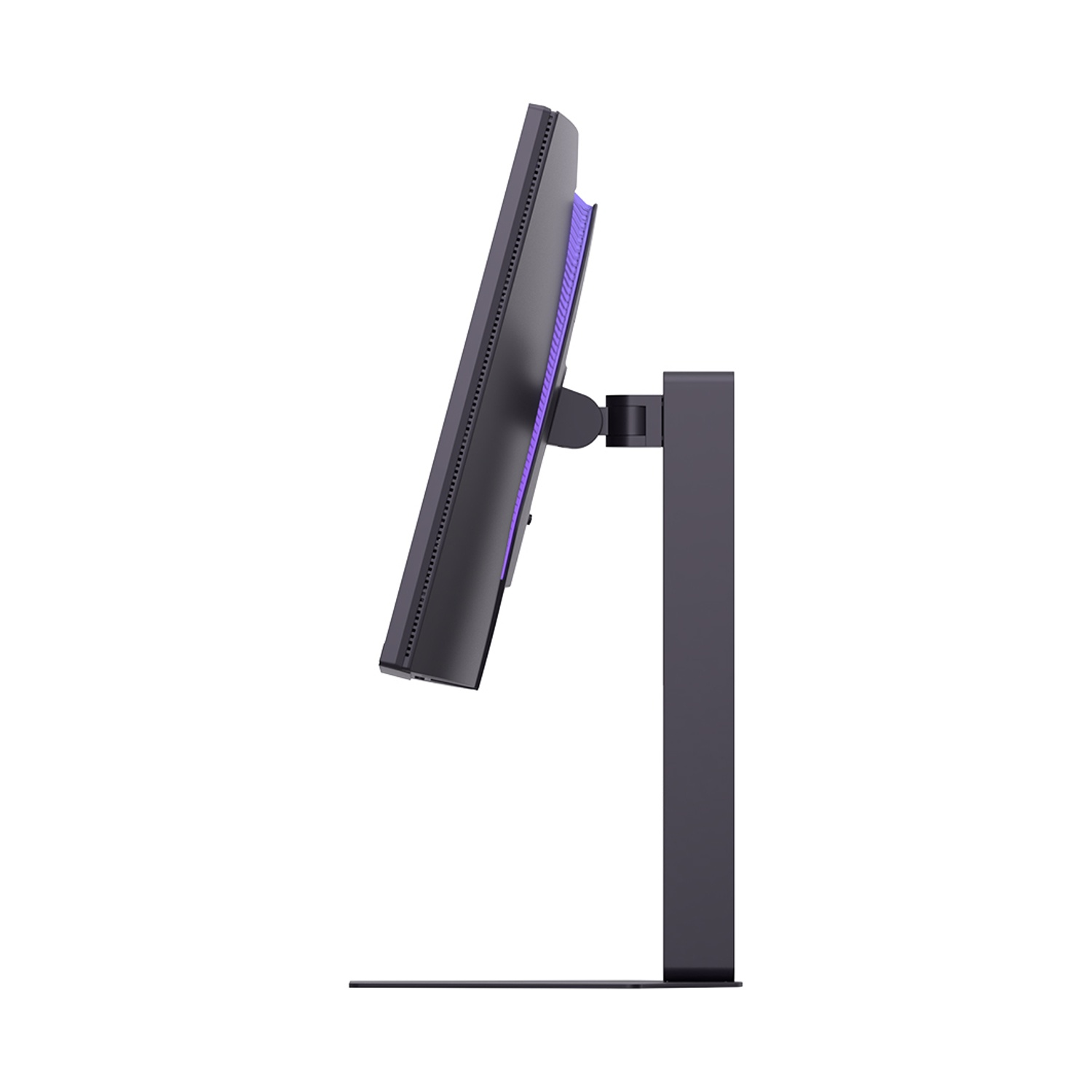 Vista laterale di un monitor nero con dettagli viola e un supporto robusto su sfondo bianco.