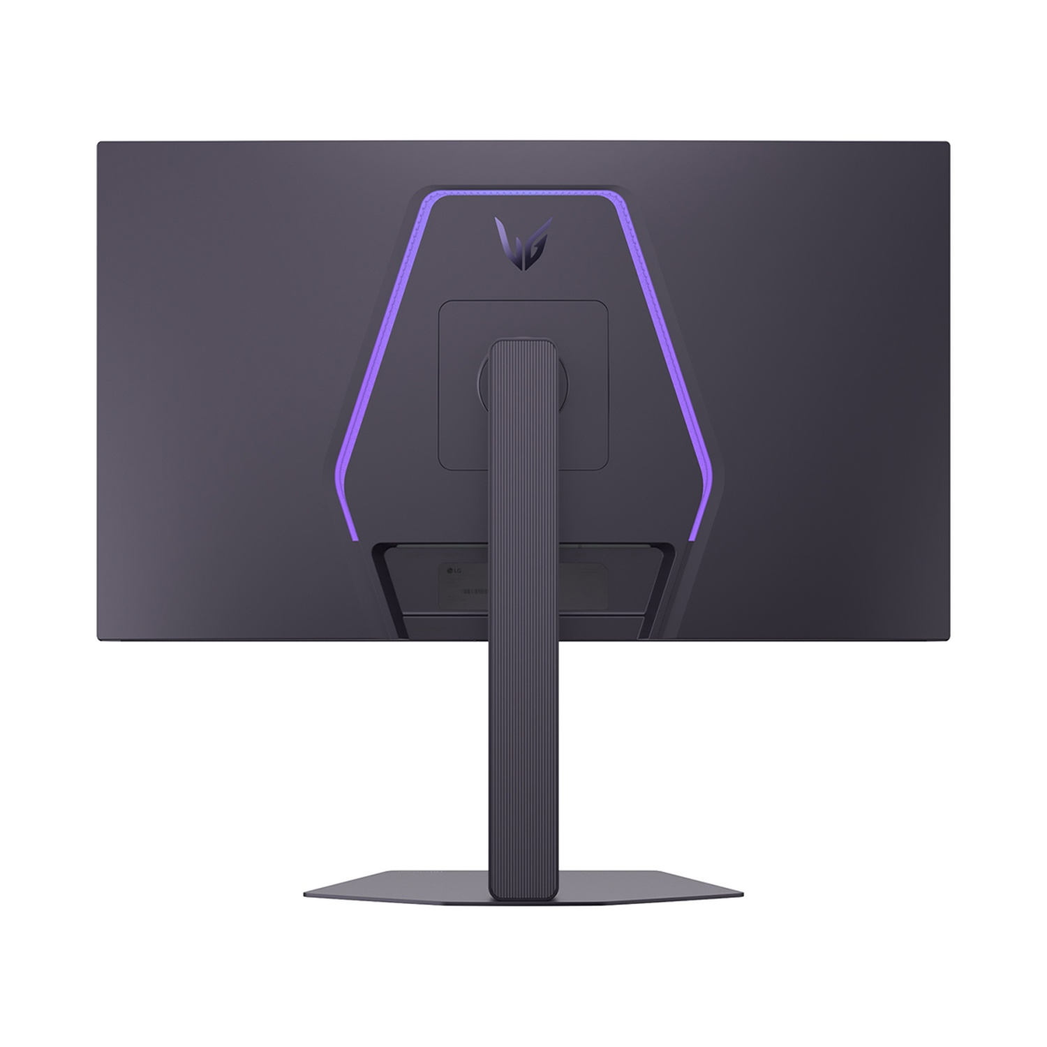 Vista posteriore di un monitor grigio scuro con luce viola a forma di U e supporto verticale.
